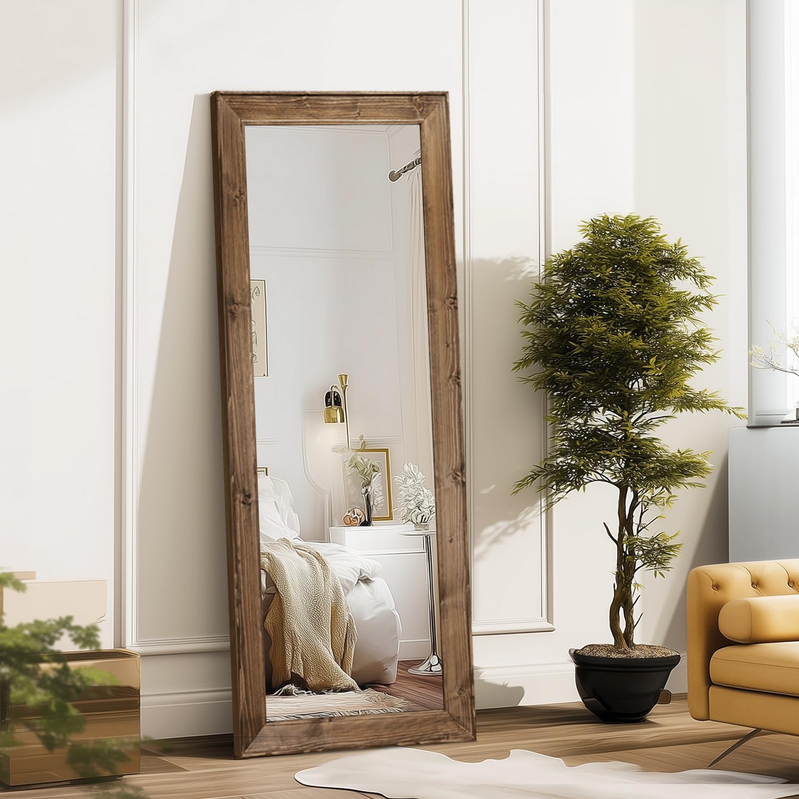 58x22in Full Length Mirror, Rustic Brown Beveled Wood Frame