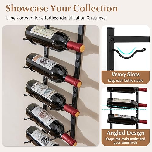 Miniatura 5 de GOFLAME Estante para vino montado en la pared, estante colgante para 6 botellas, soporte de vino de metal inoxidable para pared, organizador de