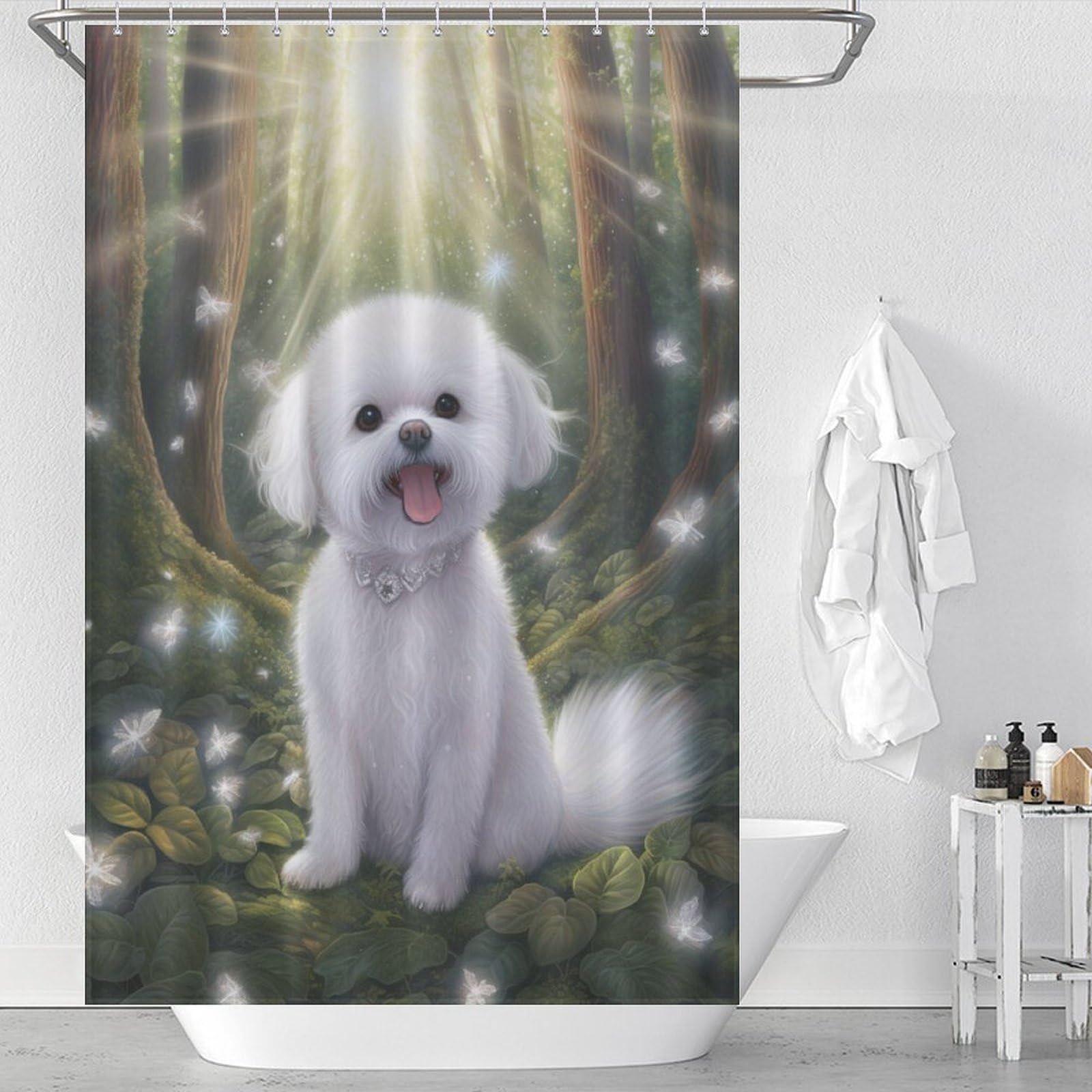 Rideau de douche Bichon frisé : fini les inondations de salle de bain