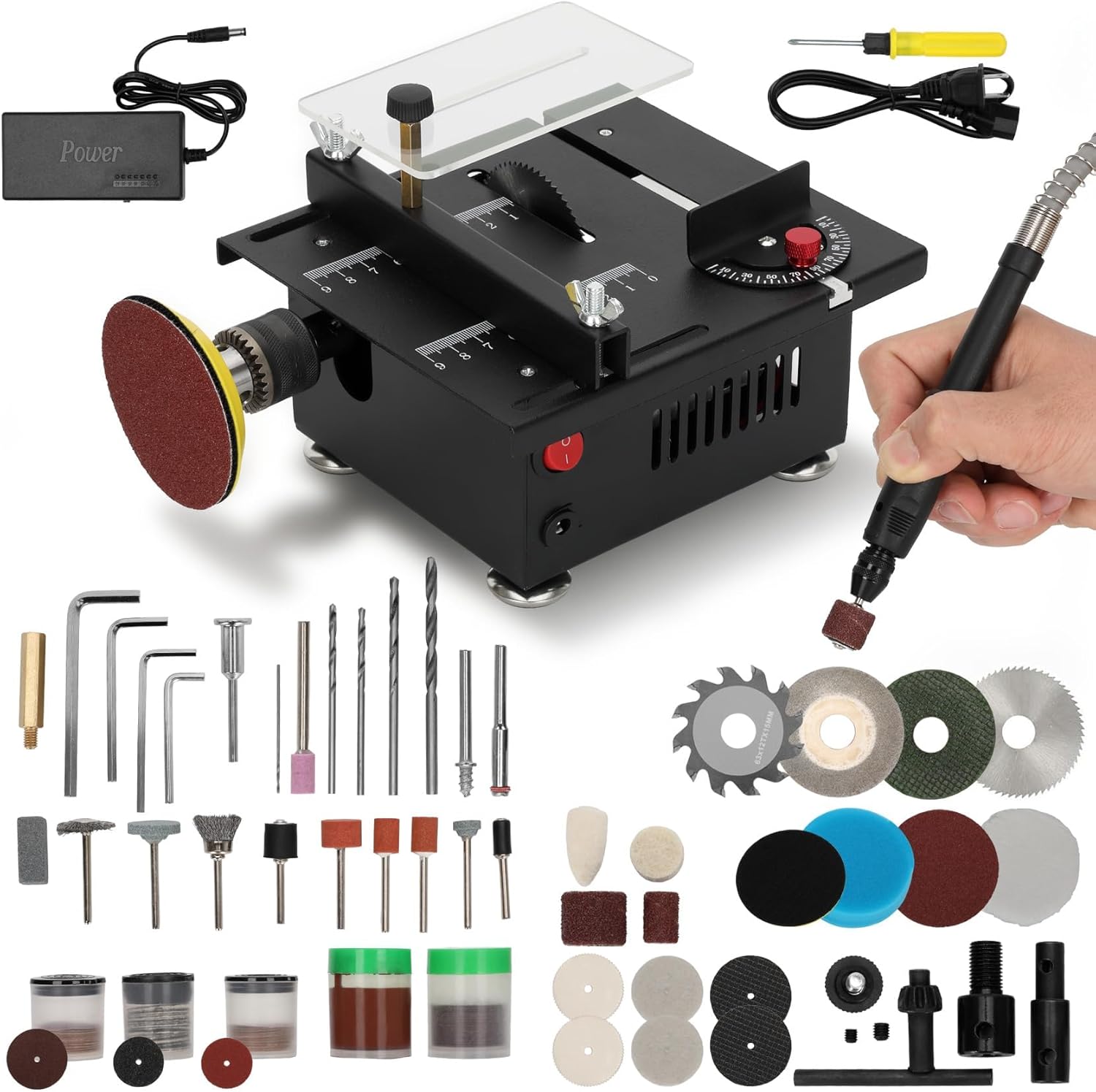 Mini Table Saw for Crafts, Portable Table Saw with Dual 795 Motors & Independent Switches, 200W 12000 RPM 0-26mm Depth, 4 Blades + Sanding Disc + Drill Chuck for Wood PCB Acrylic Plastic – Small Table