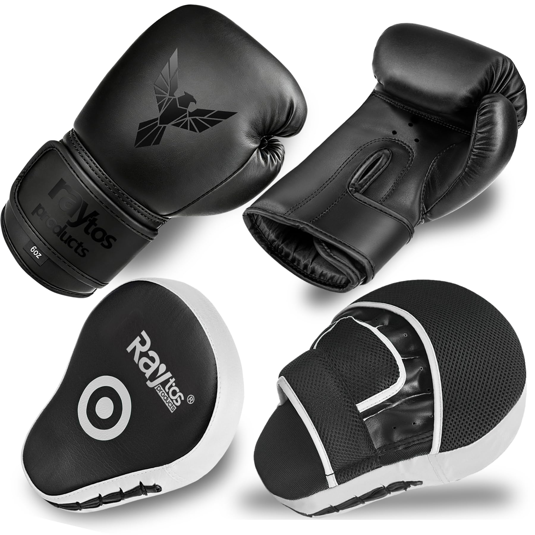 Kids Boxing Gloves Set (Punching Pad) 6oz Junior Training Equipment Muay Thai Kickboxing MMA Beginner Focus Mitts black & black