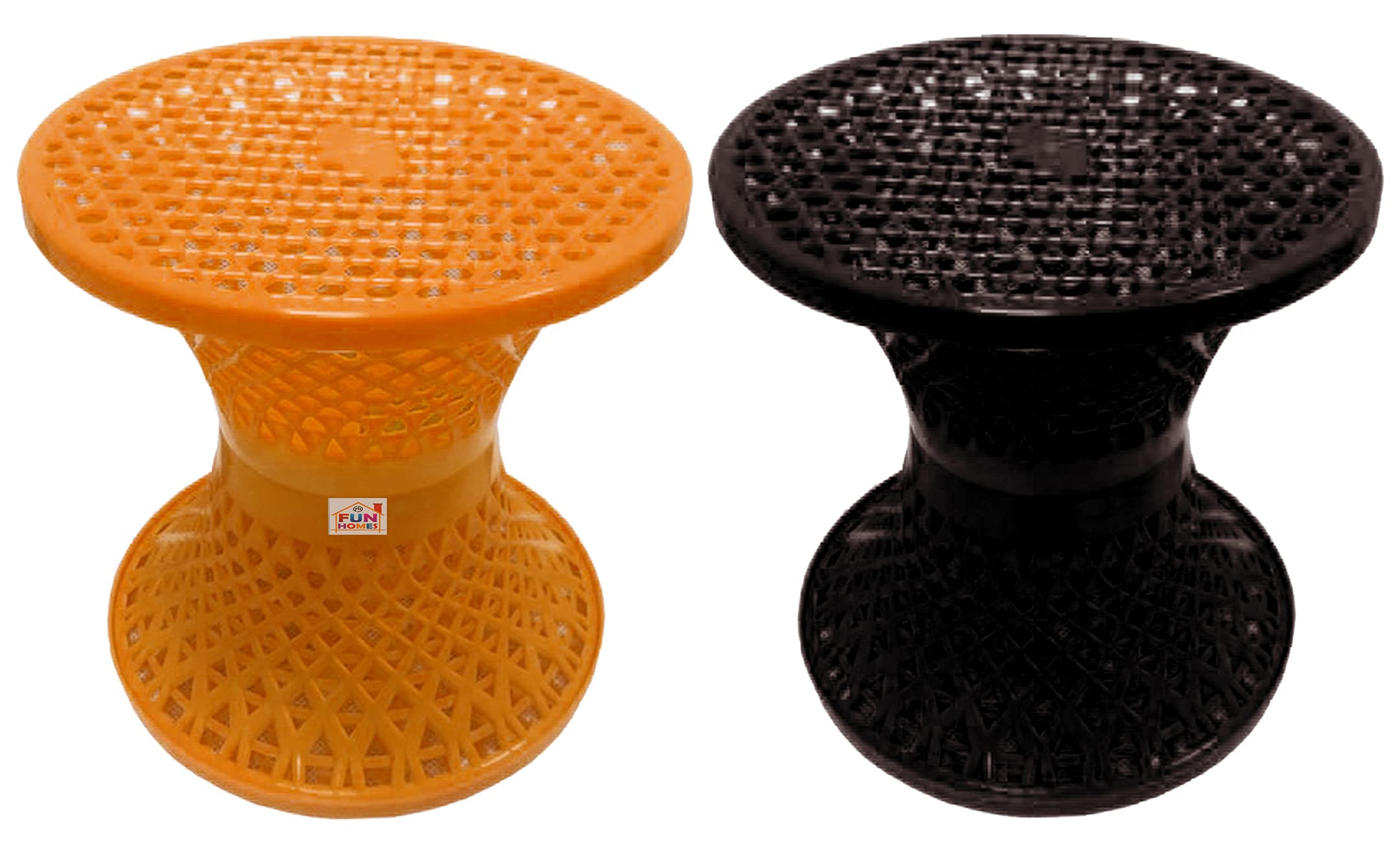 Fun Homes Mesh Design Both Sided Plastic Sitting Stool For Indoor & Outdoor in Damroo Style- Pack of 2 (Brown & Yellow)