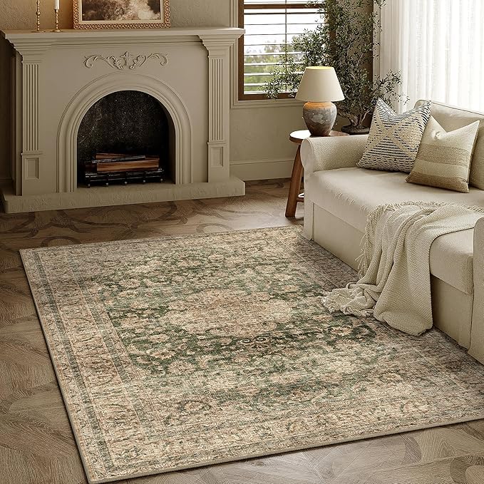 Tapis salon vert lavable en machine et antidérapant rétro 110x190