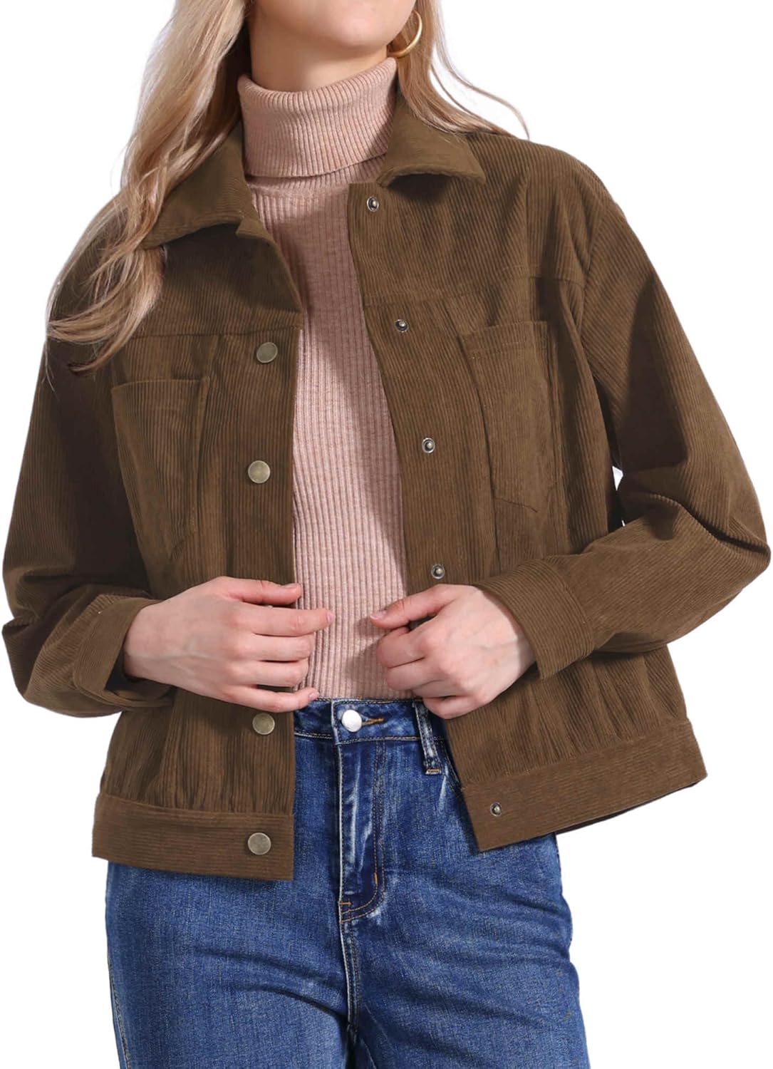 Allegra K Corduroy Jacket for Women Casual Long Sleeve Fall Outerwear Button Down Shacket Jackets