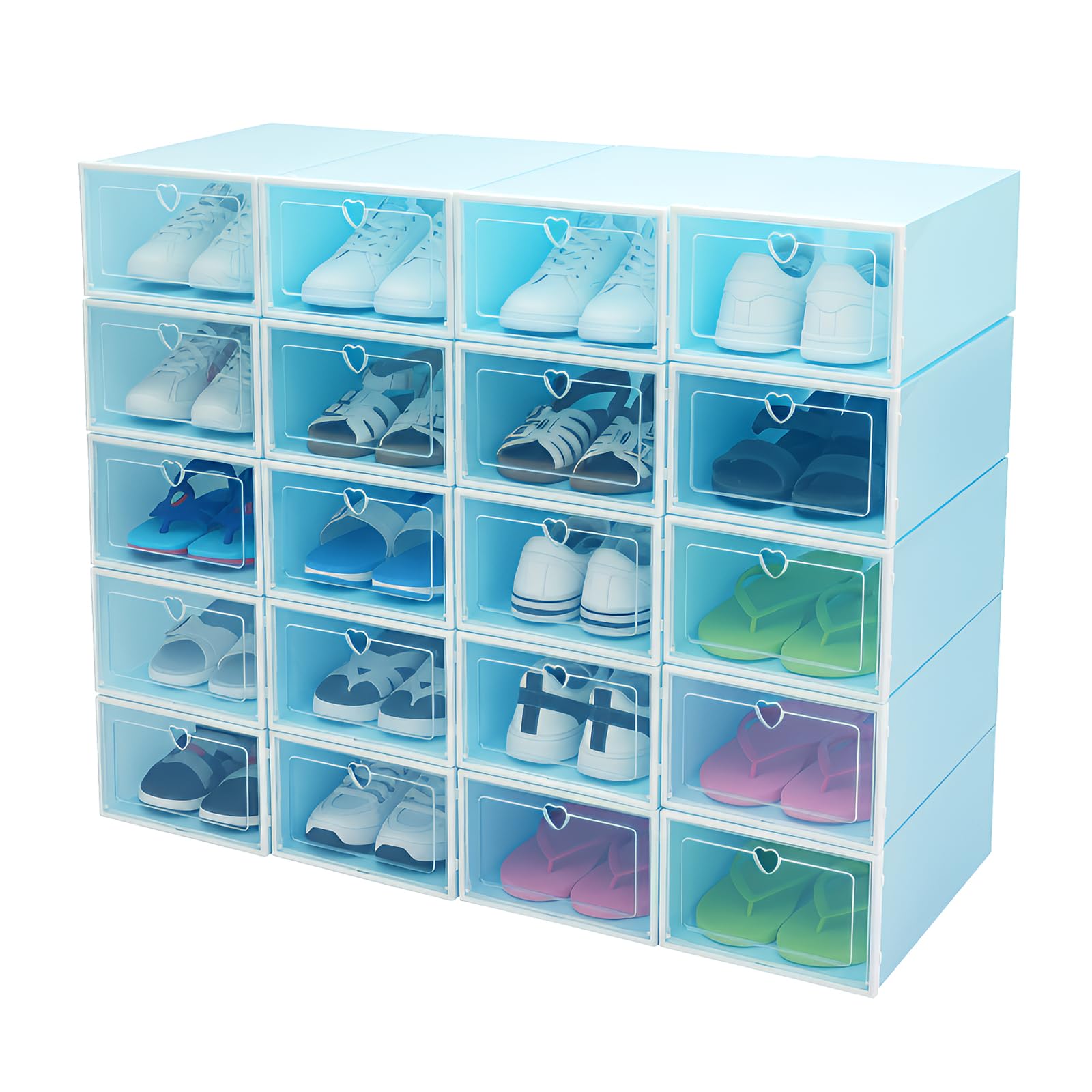 20 scatole per scarpe Flip-Top, trasparenti, impilabili con manico a cuore, 23 x 33 x 14 cm, salvaspazio e antipolvere, per scarpiere, camera da letto, guardaroba, ripostigli, blu