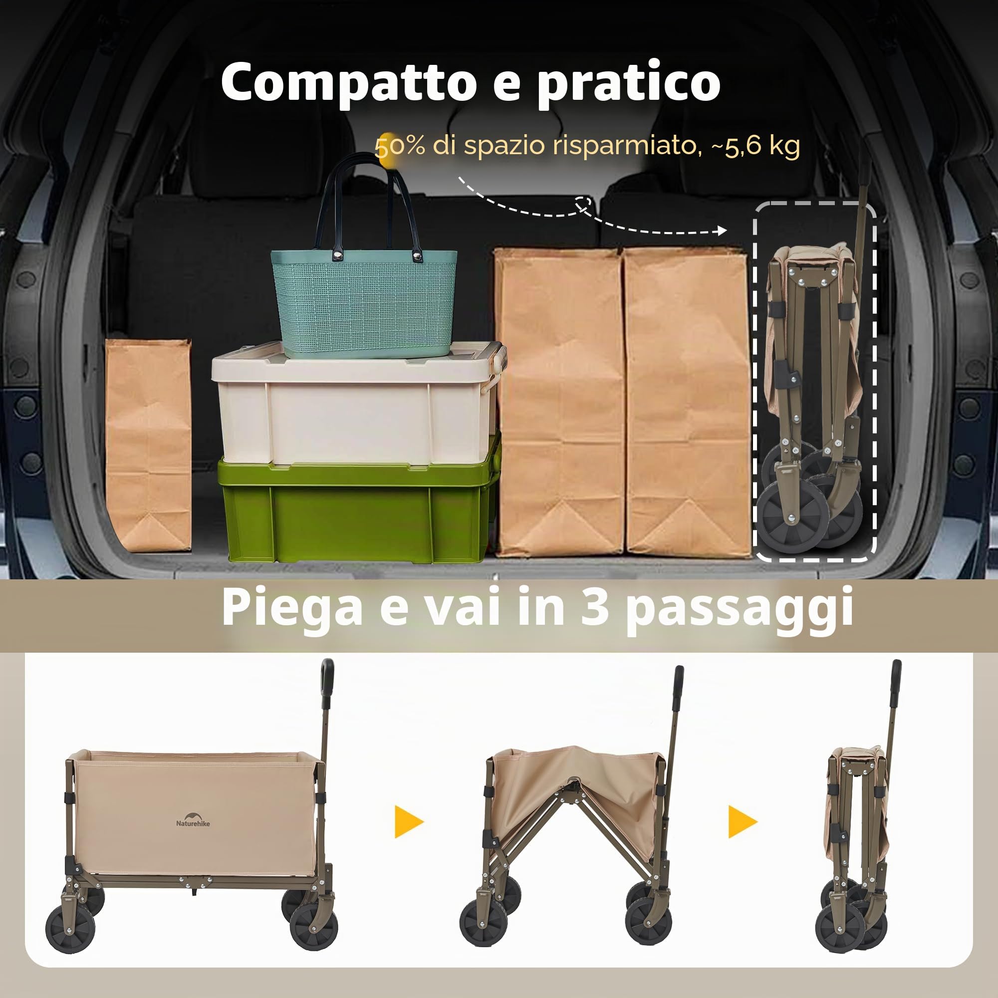 Naturehike Carrello da giardino pieghevole, carrello porta attrezzi da spiaggia adatto a tutti i terreni, con pneumatici larghi girevoli a 360 gradi, portata 120 kg, adatto per campeggio(Marrone 50L)