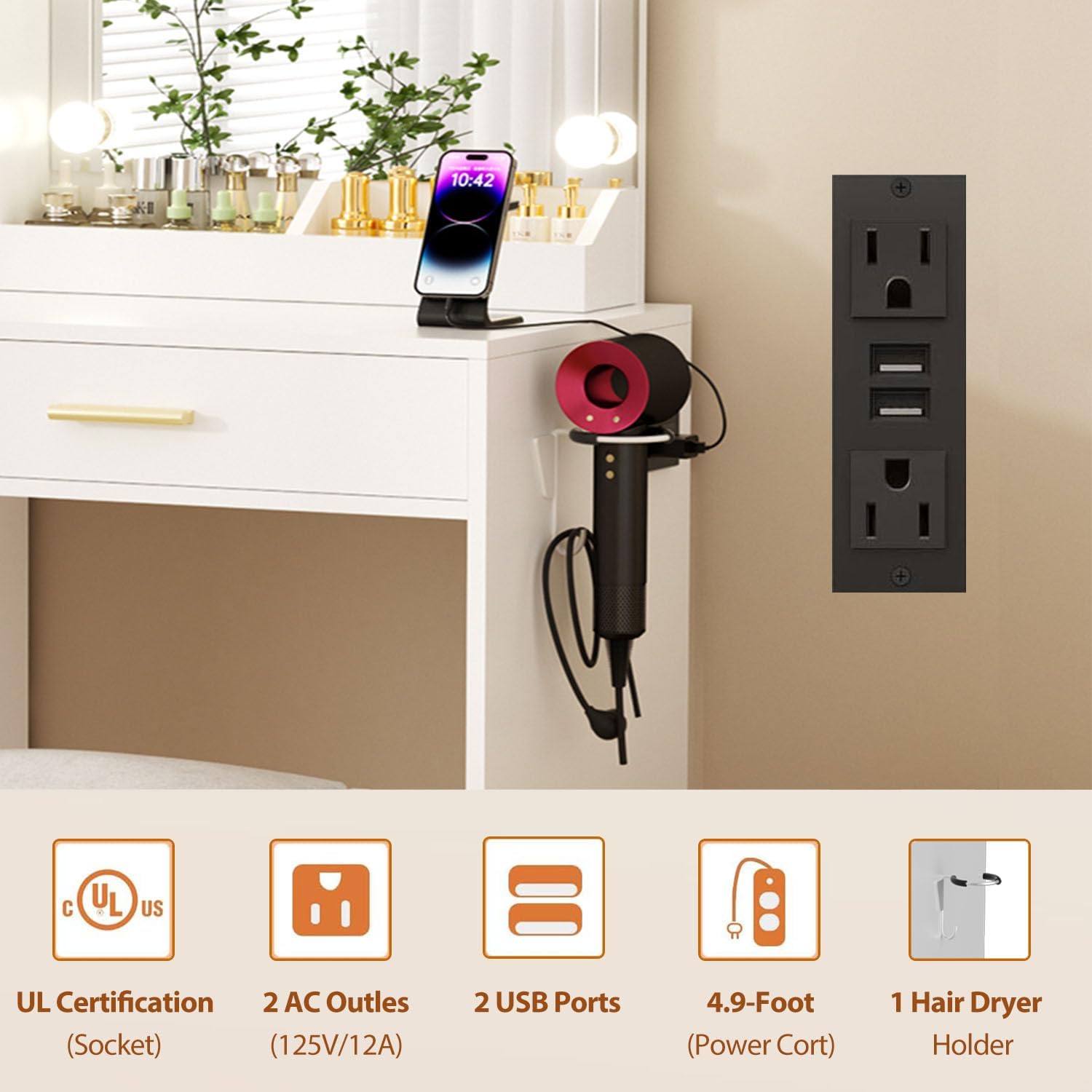 Image detailing the built-in power strip with two AC outlets and two USB ports, a 4.9-foot power cord, and a hair dryer holder, along with UL certification.