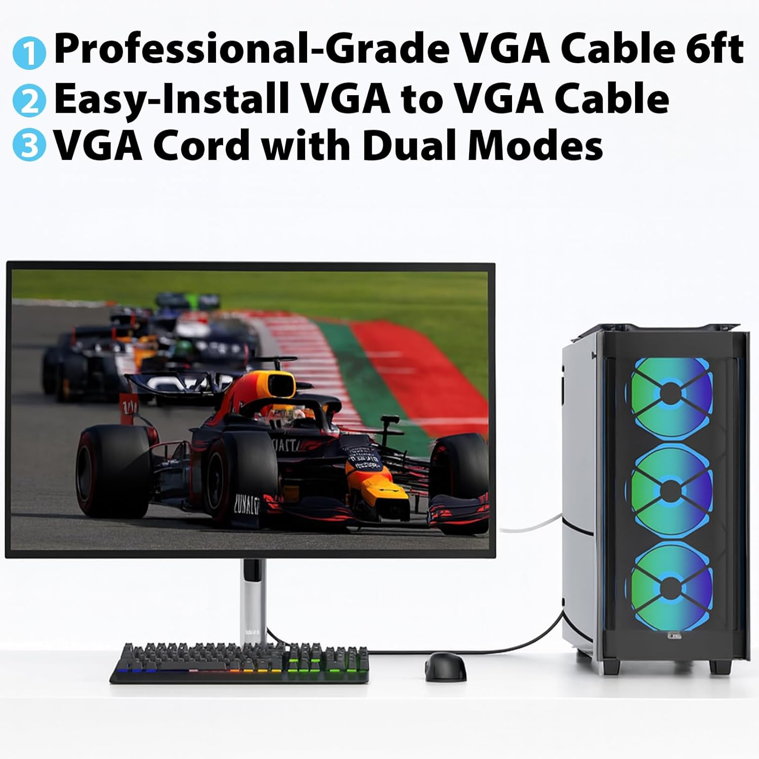 Cyberguys! VGA Cable 6ft, VGA Cord with Secure Latch, Gold-Plated Connector – Durable PVC Cord for Monitor, Projector, Laptop, Desktop, PC, Computer Monitor Cable, 1080P 60Hz