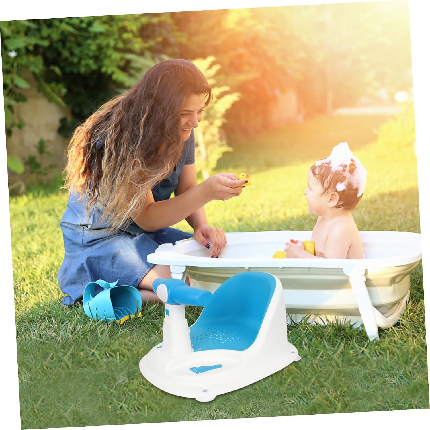 KOMBIUDA Bath Seat for Bathtub with Strong Suction Cups Non-Slip Shower Chair Comfortable Support Bathing Stool for Boy Girl Sitting Up Secure Blue Bathing Seat for Haircut and Feeding