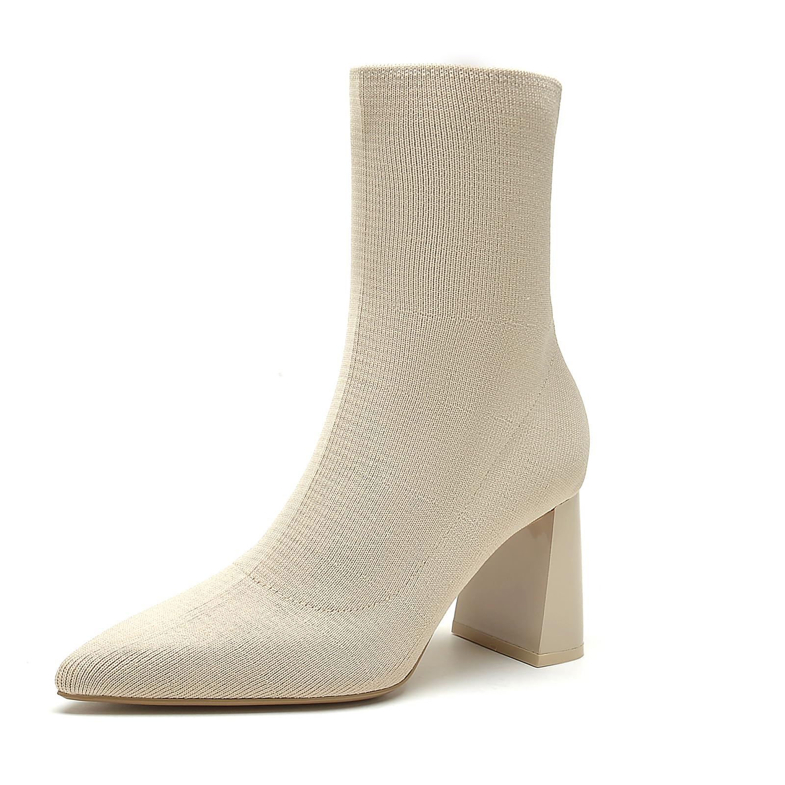 GETMOREBEAUTYWomen's Ankle Boots Low Block Heel Stretch Knit Pointed Toe Mid Calf Boots Fashion Short Boots