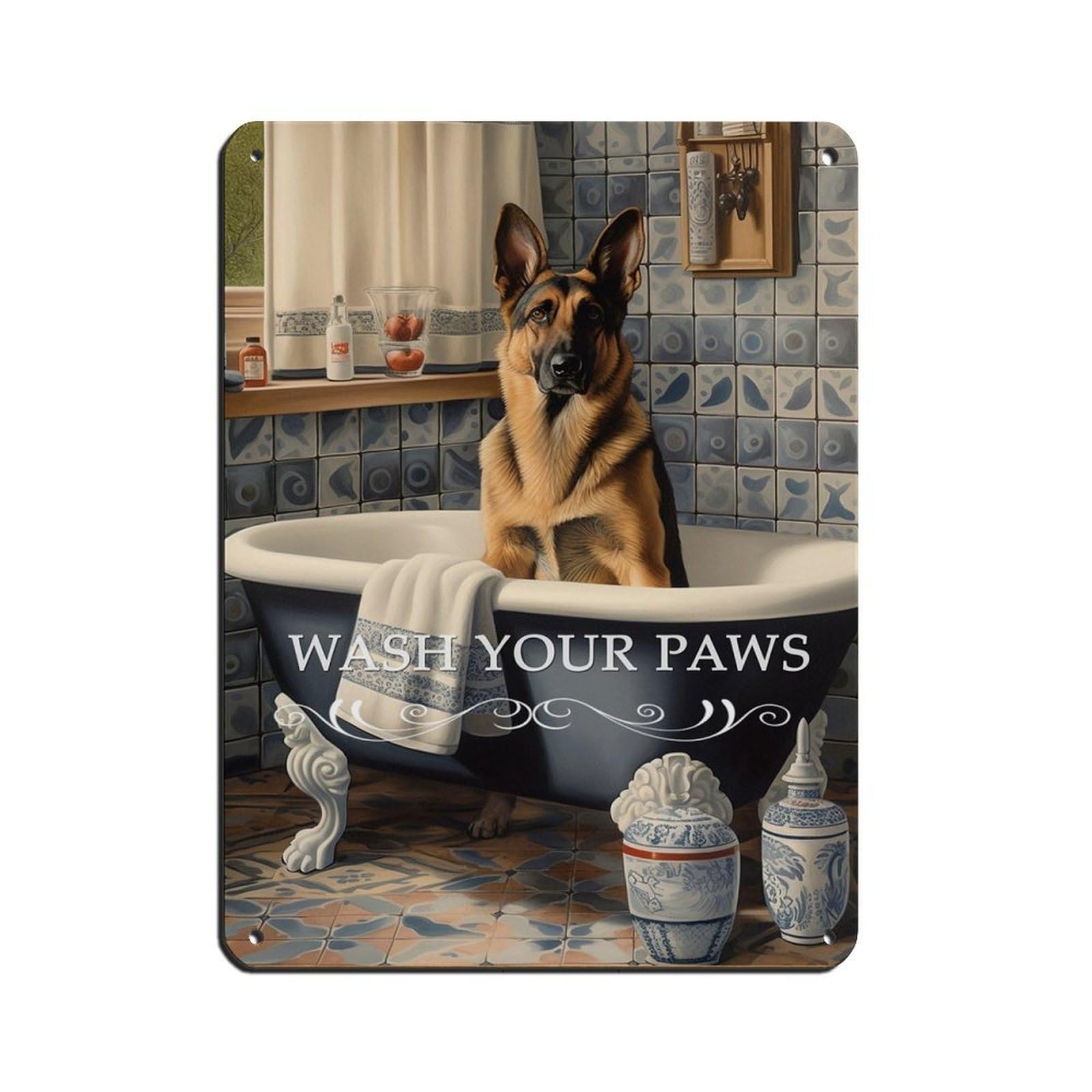 German Shepherd in Bath Fun Bathroom Art Retro Poster Metal Tin Sign Chic Art Retro Iron Painting Bar People Cave Cafe Family Garage Poster Wall Decoration 12x16inch(30x40cm)