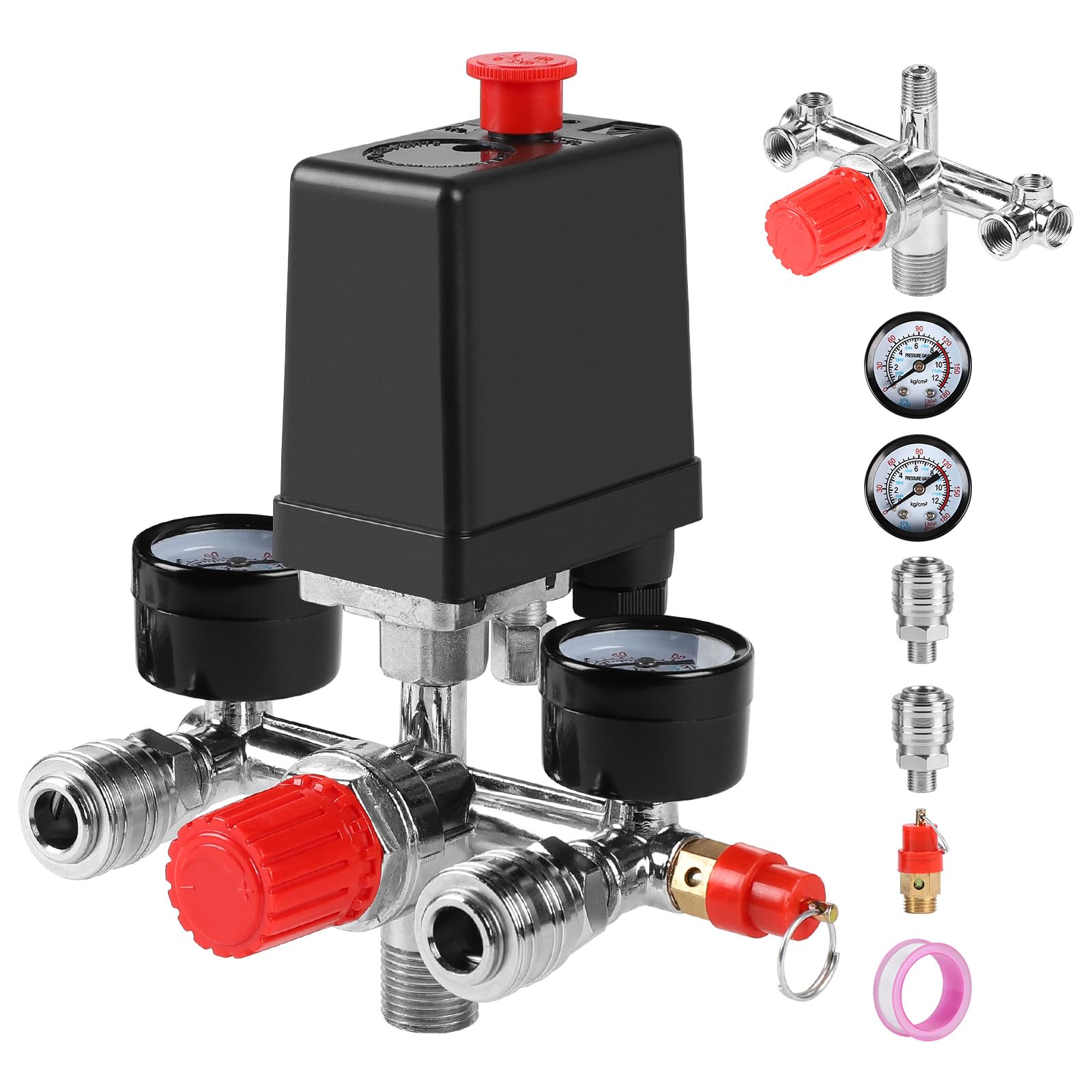 SWAWIS 240V Presostato Compresor Aire Interruptor de Presión Válvula para Compresor de Aire con Manómetro Válvula de Seguridad Acoplamientos, 90-120PSI, Rosca Exterior 1/2''(20mm)