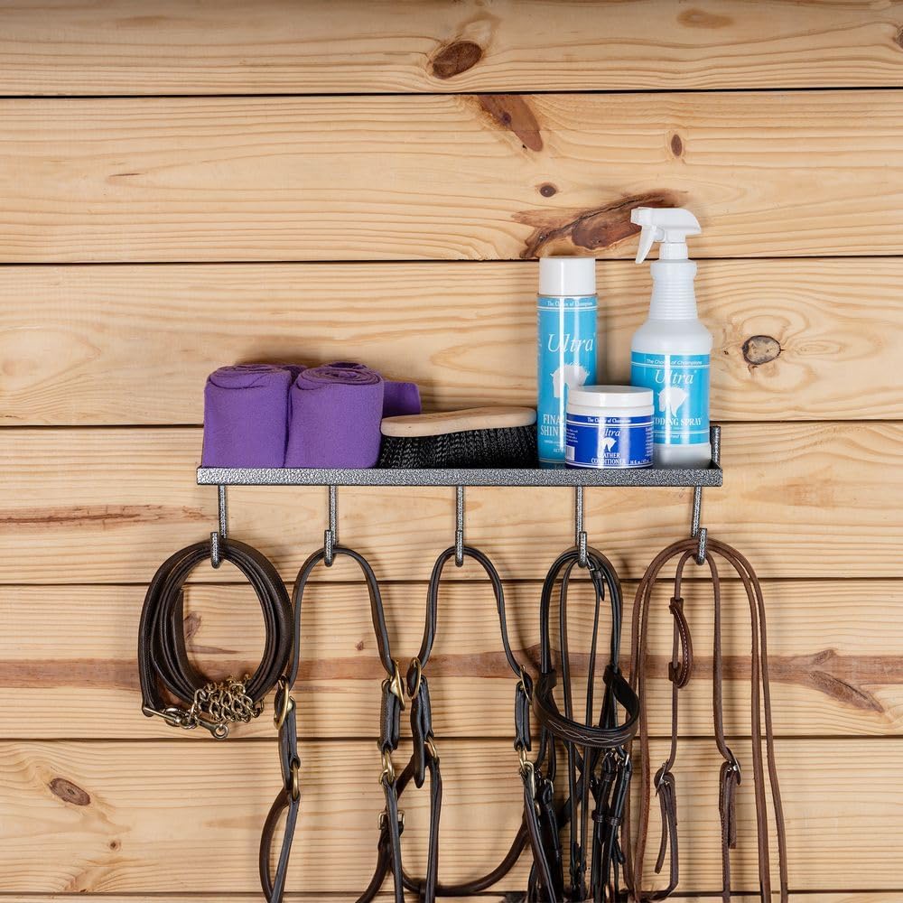 Schneiders Easy-Up Pro 22" Shelf with Tack Hooks for Tack Rooms and Horse Shows | Portable or Mounted Storage Solution | Durable Steel Construction | Color Gray Armor