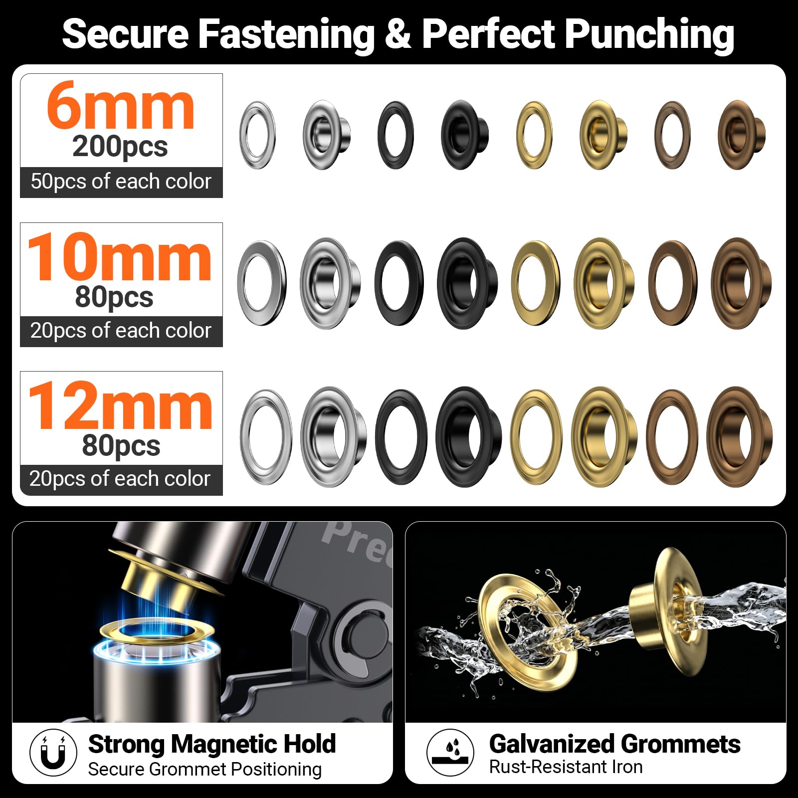 Preciva Ösenzangen Set, austauschbare Zangenaufsätze (6/10/12 mm) | 4 Farben (Silber/Gold/Kupfer/Schwarz), 360 Ösen | Ösenpresse mit Aufbewahrungskoffer – für PVC-Banner, Ölzeug, Pappe