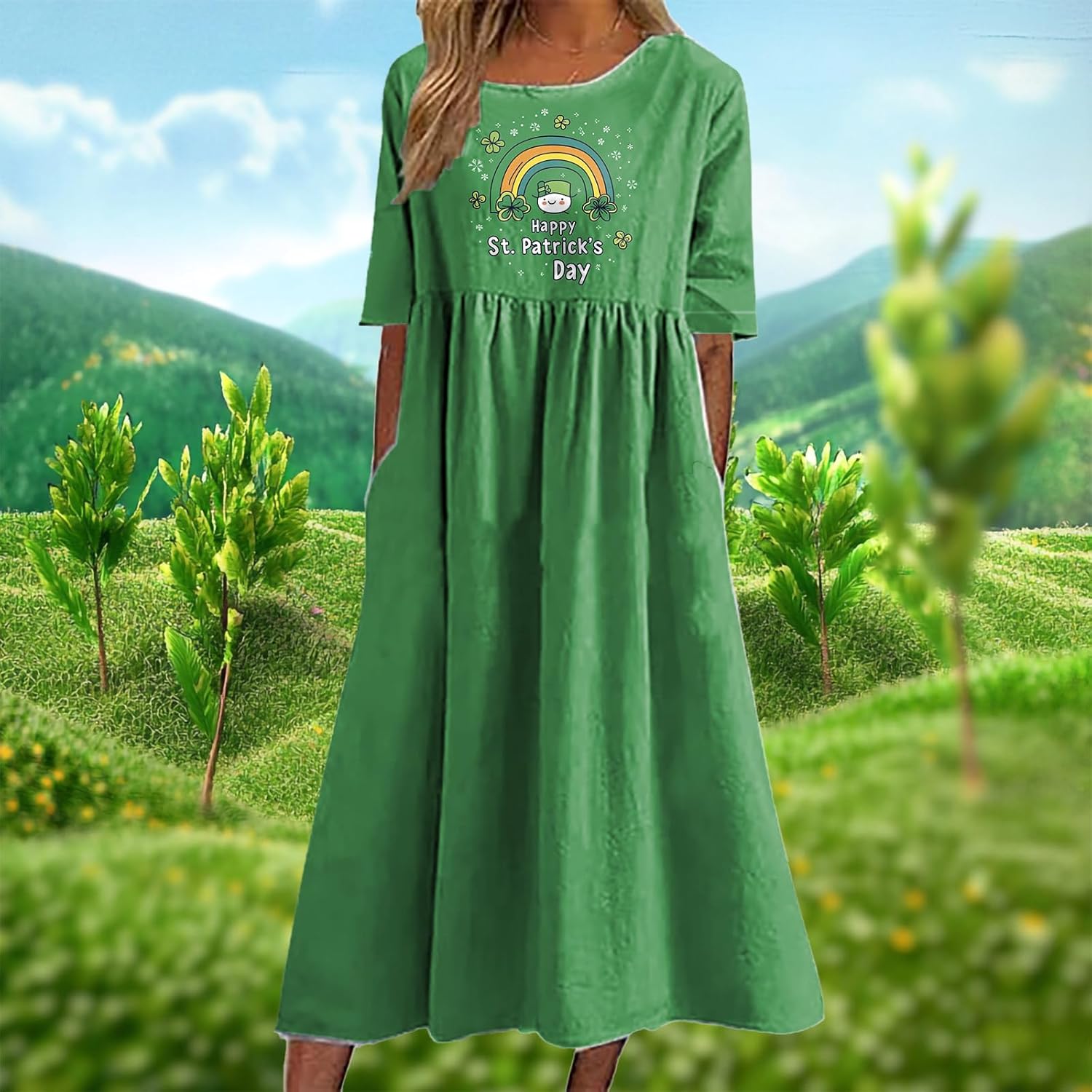 Green Floral Dress for St Patricks Day Shamrock Print Crewneck Short Sleeve Casual High Waist Maxi Dress for Women - Image 2