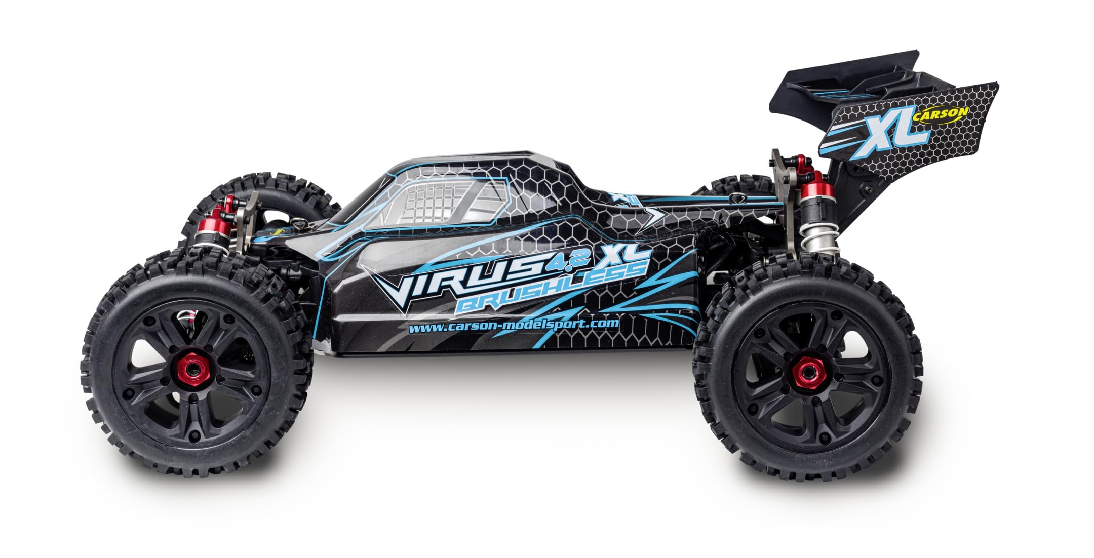 Carson 500409081 1:8 Virus 4.2 XL 100% RTR Negro/Turquesa- Coche RC, Coche teledirigido, Velocidad hasta 80 km/h, Modelo 100% RTR, Mando a Distancia Incluido