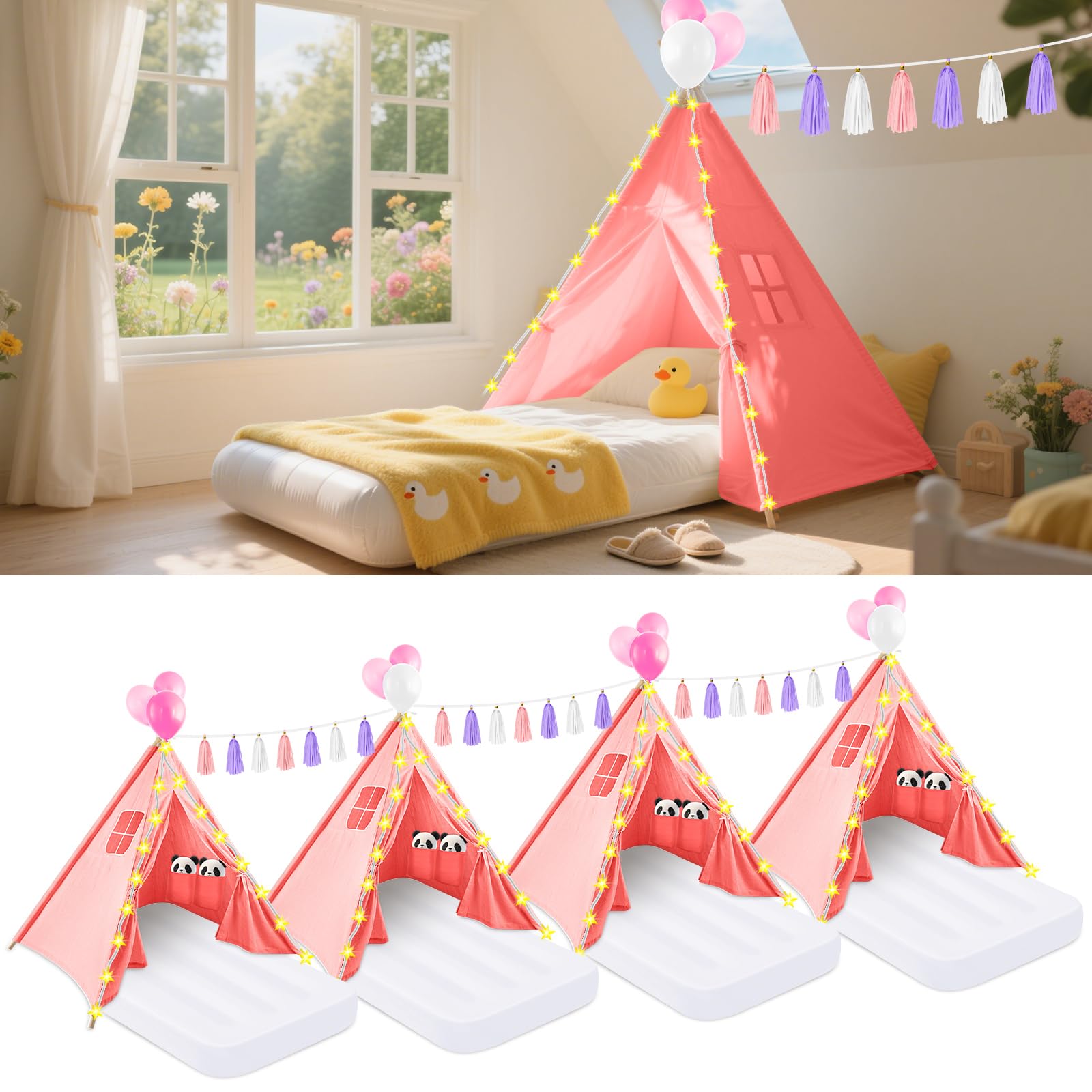 PLULON 4 Pack Teepee Tent for Kids Girls Slumber Party Tents Bulk Kids Sleepover Tent with Inflatable Airbed and Decorations Play Teepee Indoor
