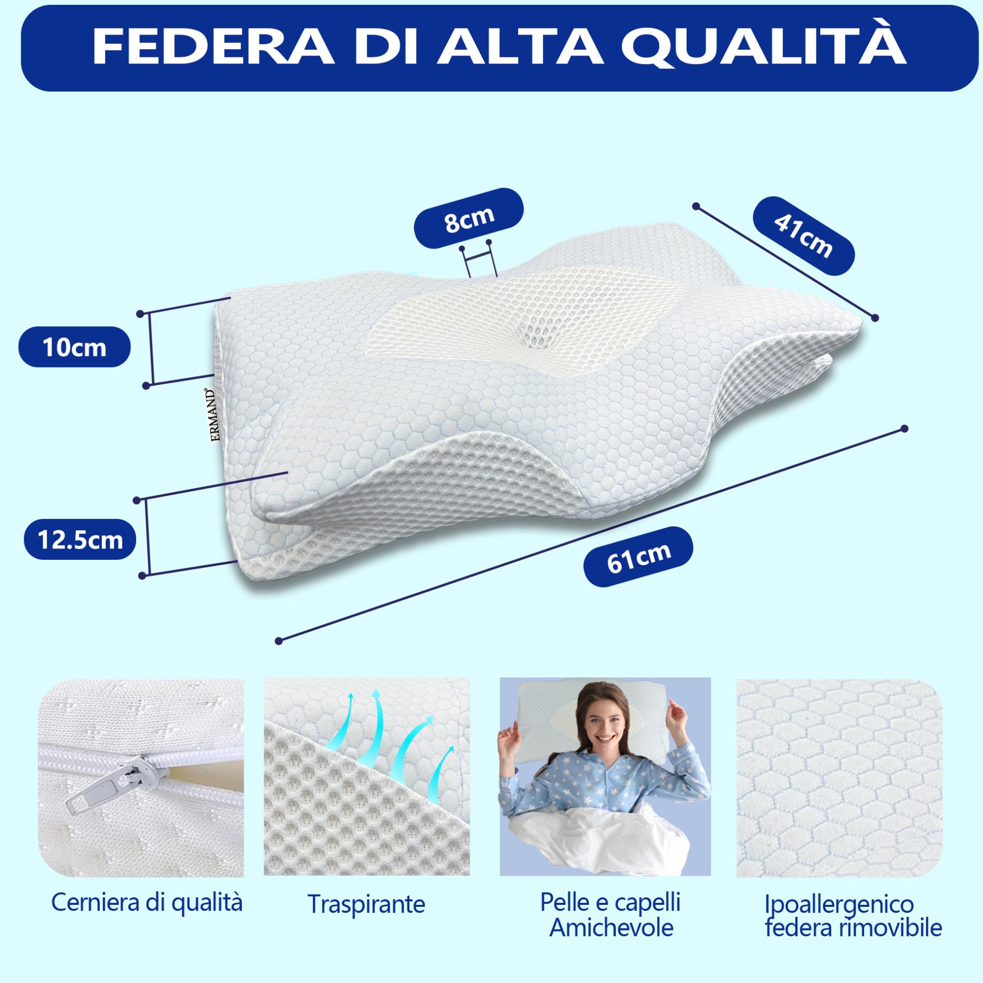 Cuscino Cervicale Ortopedico Antirughe con Design Innovativo a Farfalla in Memory Foam, Ideale per Posizioni Prona, Supina e di Fianco, con Federa Traspirante, Rimovibile e Lavabile.