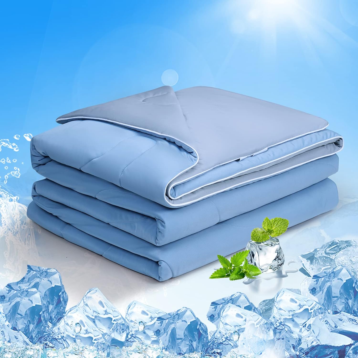 EASELAND Cooling Comforter Twin, Cold Touch Fabric Absorbs Body Heat, Double-Sided Cool Design Soft Fluffy Cooling Blanket for Night Sweats Hot Sleeper (Blue, Twin(68"X90"))