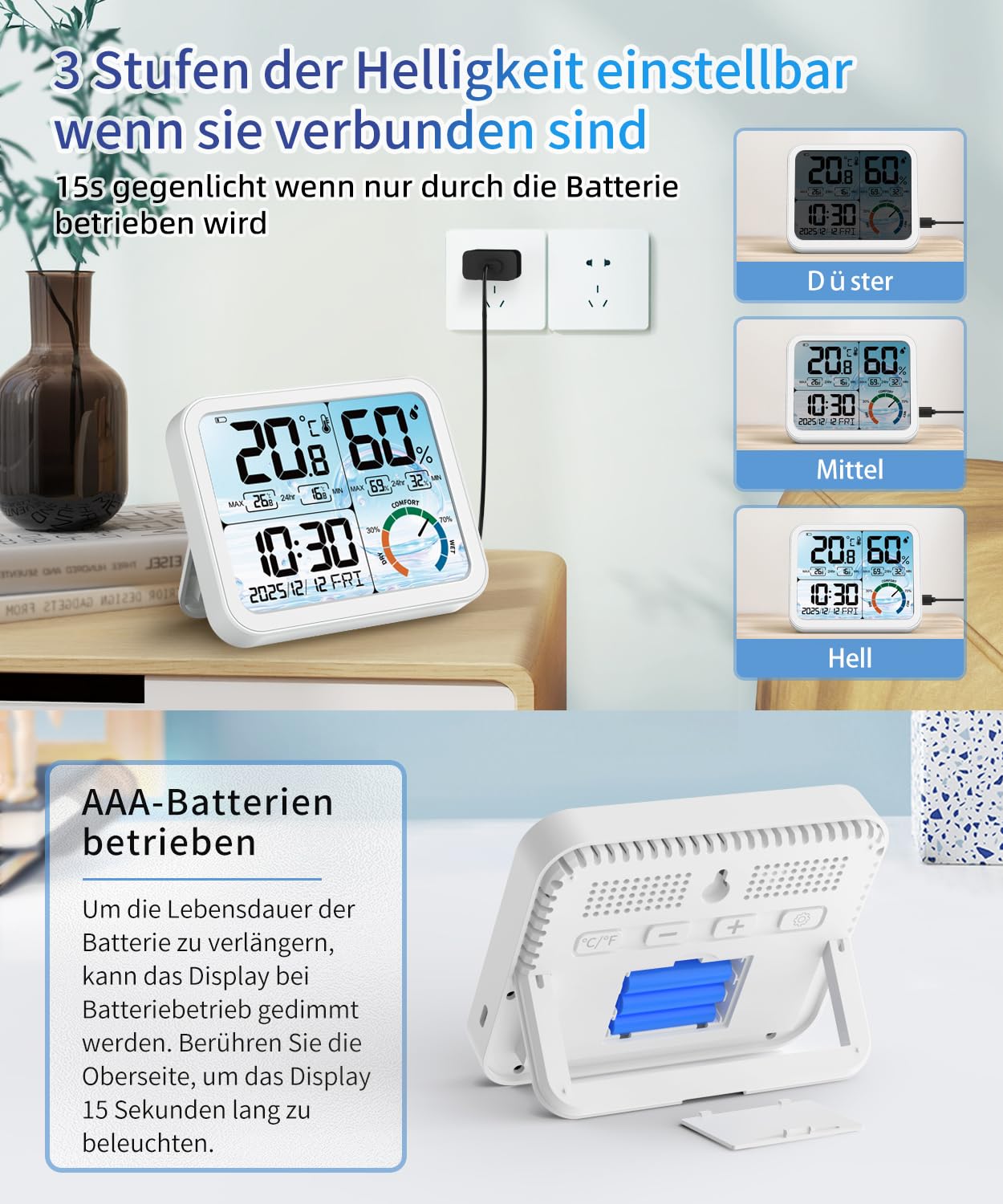 VOCOO 5.8" Digitales Raumthermometer und Hygrometer – LCD-Display mit Hintergrundbeleuchtung und Komfortanzeige, Max/Min-Speicher, Uhr und Kalender, zwei Stromversorgungsmöglichkeiten (USB/Batterie)