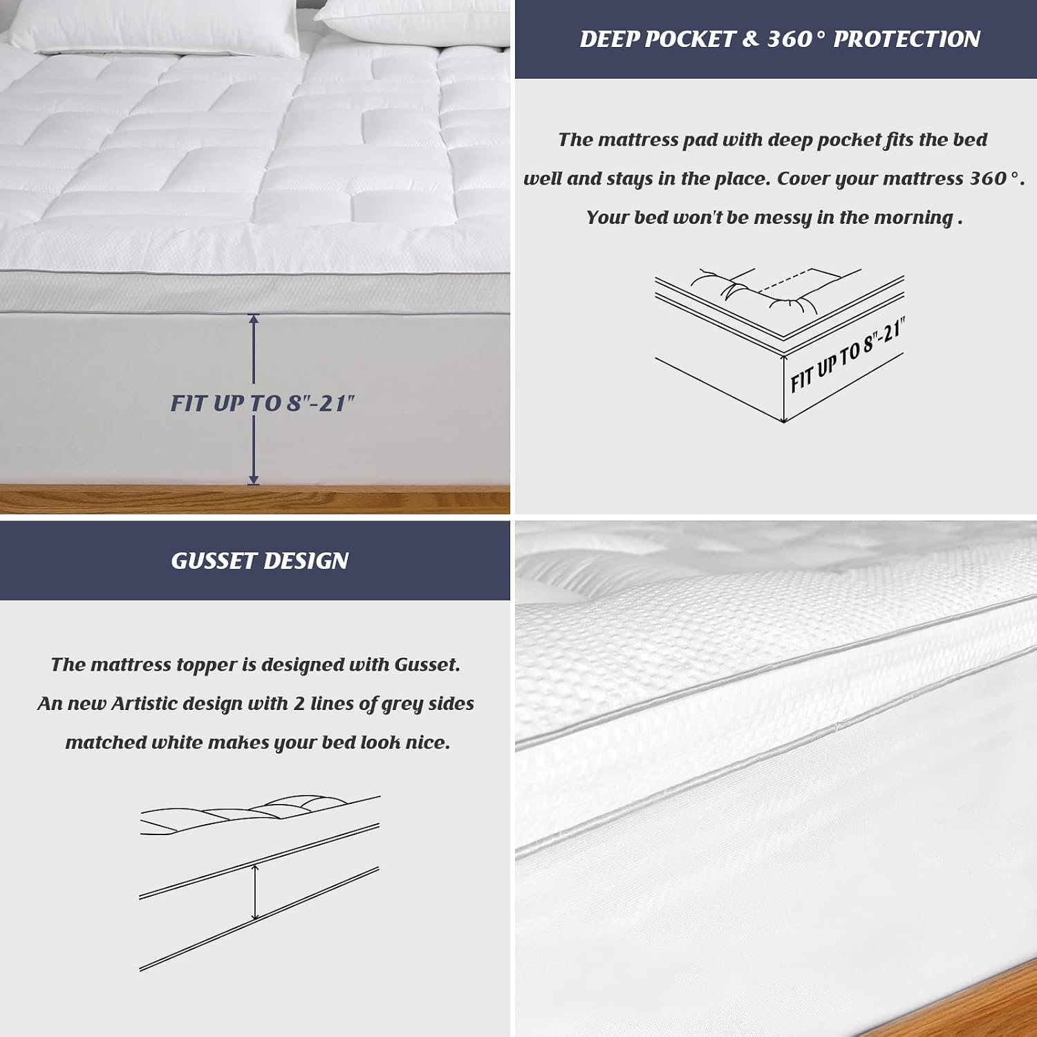 Extra Thick Mattress Topper Full Size, Pillow Top Full Mattress Pad Topper, Plush Quilted Fitted Full Thick Mattress Cover with Soft Down Alternative Fill, 6-21 Inch Deep Pocket
