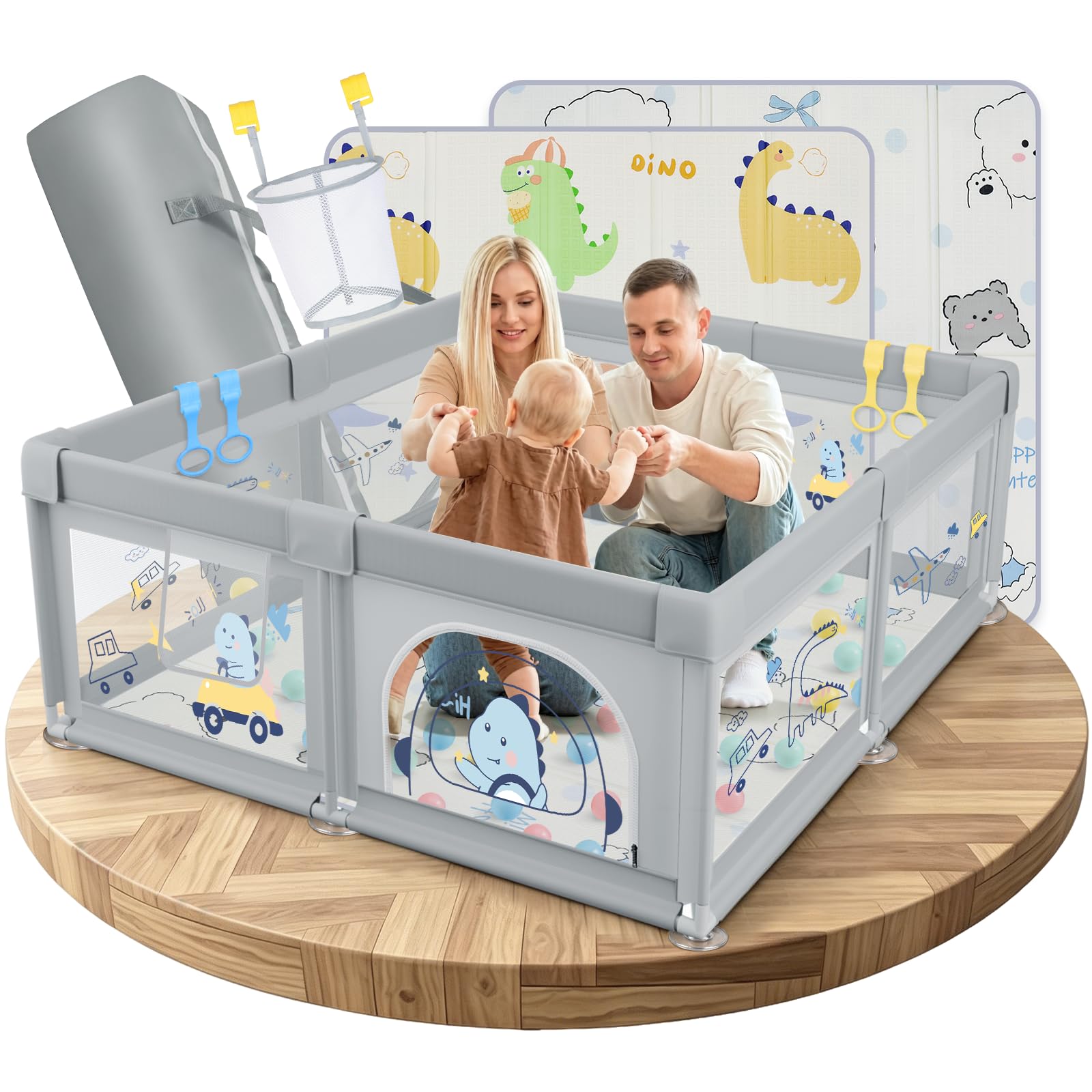 Laufstall Baby mit Matratze, 150x150 Kleines Laufgitter Baby mit 360° Atmungsaktivem Netz und Rutschfestem Bottom, Laufstall mit Faltbar Krabbelmatte, mit 60 Ozeanbälle