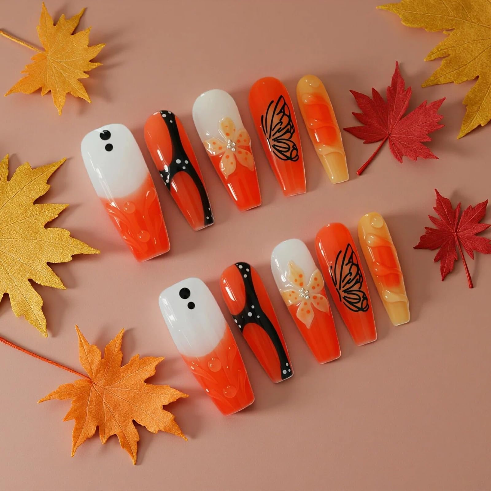 Tesytto Handmade Press on Nails Long Coffin Muti-Layer Gel Fake Nails - 3D Lotus Flowers & Tiger Print, French Tip Glossy Thick Acrylic Nails (Playful Zebra with Lotus,S): M Mango Sago