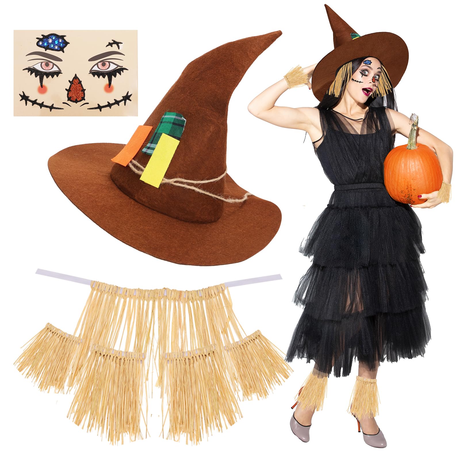 XEPST Halloween Scarecrow Costume Women - 7PCS Scarecrow Costume Accessories Set with Felt Hat Raffia Straw Kit Face Decor for Adults Halloween Costume Cosplay Fancy Dress Up