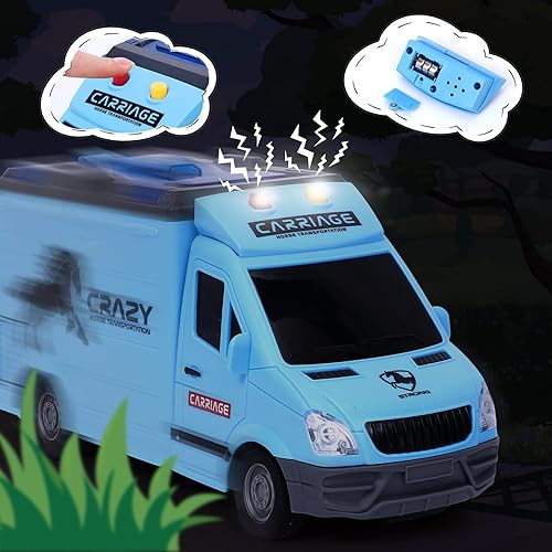 Miniatura 5 de Tacobear Camión de caballos de juguete con luces y sonidos  Vehículo transportador de fricción de caballos con 5 juguetes de caballo para niños de