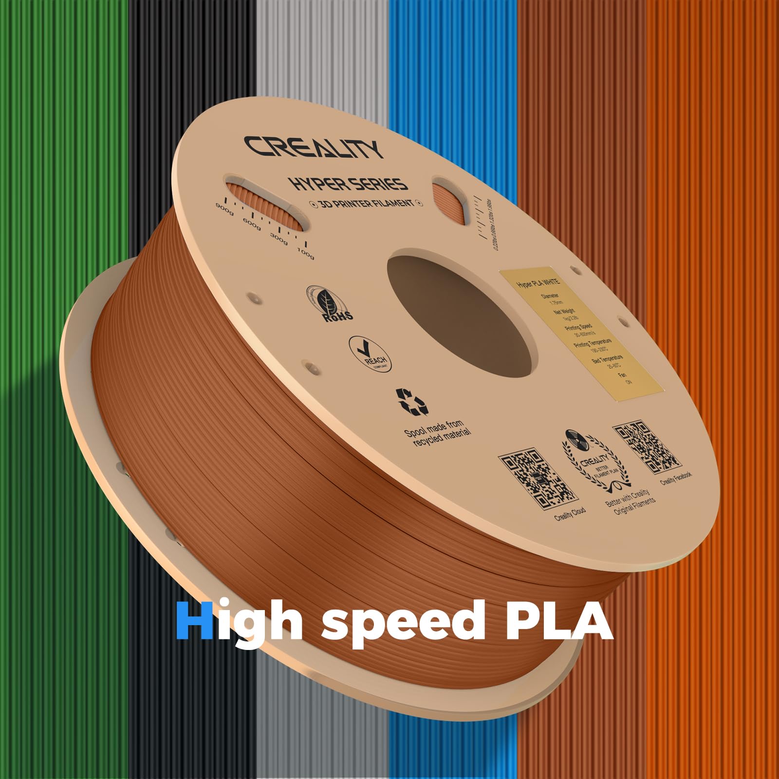 Creality PLA-Filament, Hyper PLA 1,75 mm 3D-Drucker-Filament: 30 mm/s – 600 mm/s Druckbereich, schneller Fluss, schnelle Maßgenauigkeit +/- 0,02 mm, passend für die meisten FDM-3D-Drucker, 1 kg, Braun