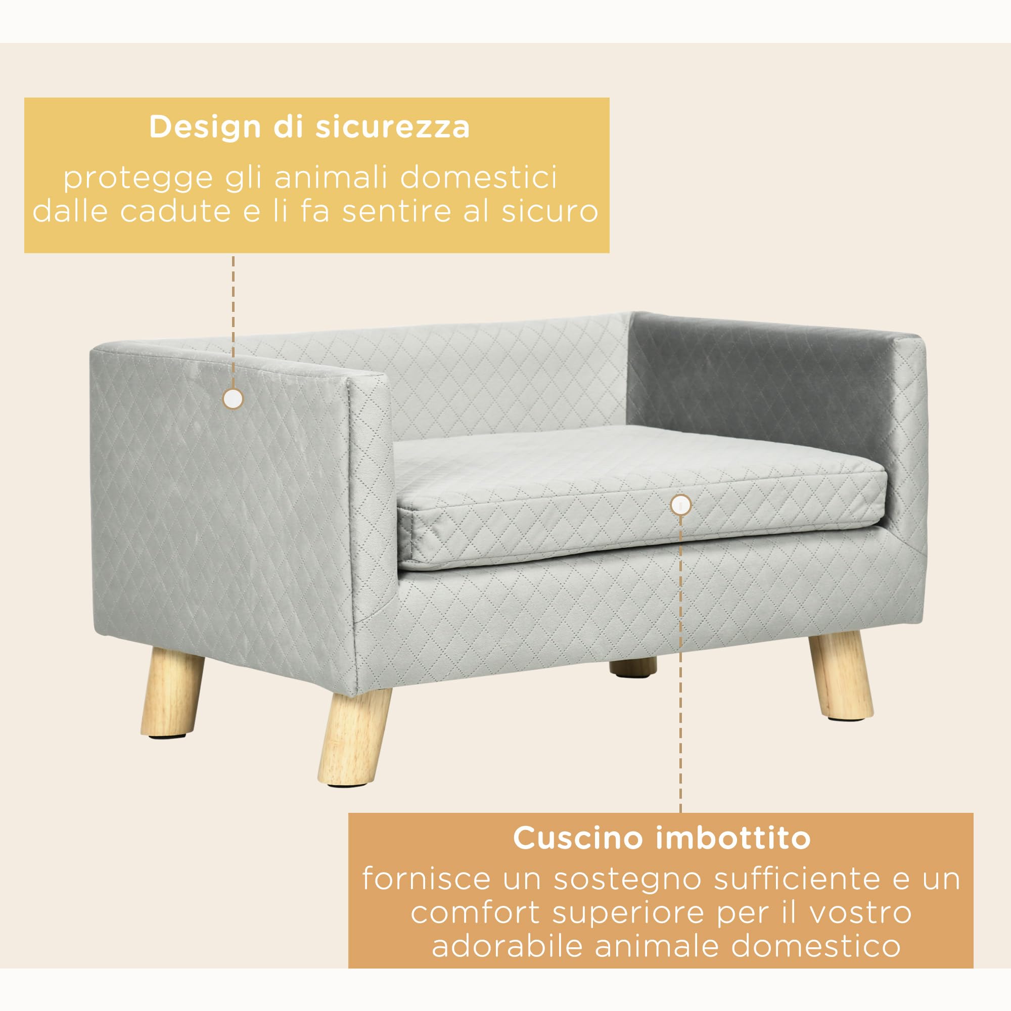 PawHut Divano per Cani e Gatti con Design Scandinavo e Cuscino Imbottito, Cuccia per Animali da Interno in Velluto e Legno, 64x45x36cm, Grigio