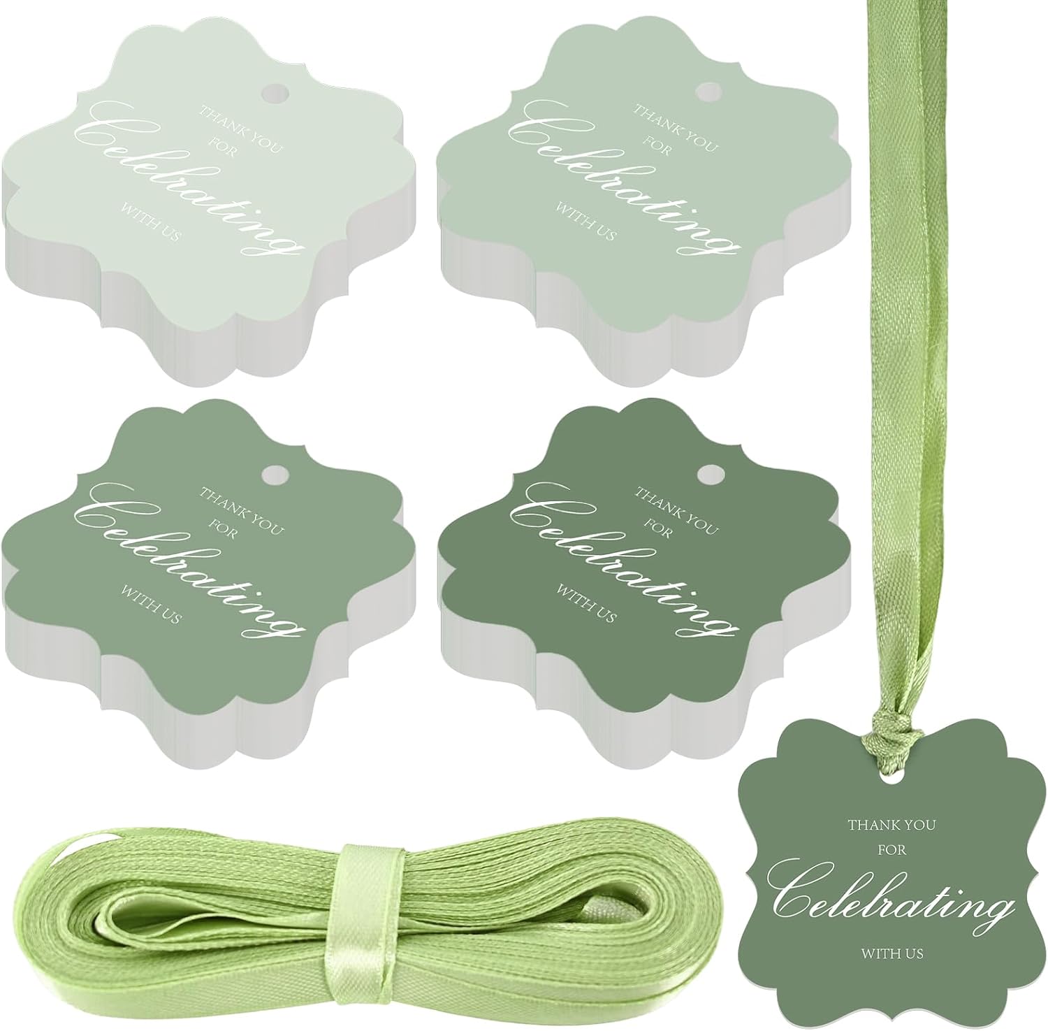 100 Pcs Sage Green Thank You Gift Tags with String, 2x2 Scalloped Paper Gift Tags Hanging Label Tag for Wedding, Baby Shower, Birthday, Holiday Party Favors