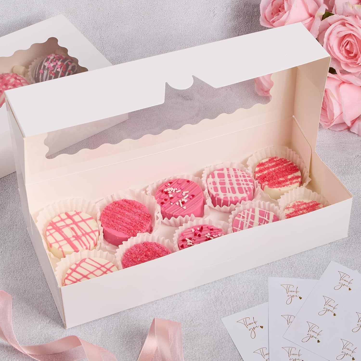 KAHEIGN 24 Pezzi Scatole per Biscotti con Finestra, 32CM x 14CM x 6.5CM Grandi Scatole Bianche per Pasticceria Quadrate Scatole per Dolcetti Torte Ciambelle Cioccolato Ricoperte Fragole Muffin Torte