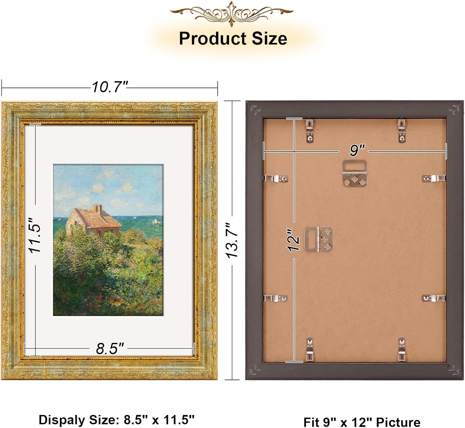 Vintage 9x12 Picture Frame,Antique Gold Photo Frames with Real Glass Front,Ornate Picture Frames Display 6x8 with Mat or 9x12 Frame Without, Wall Décor,1 Pack,Silver