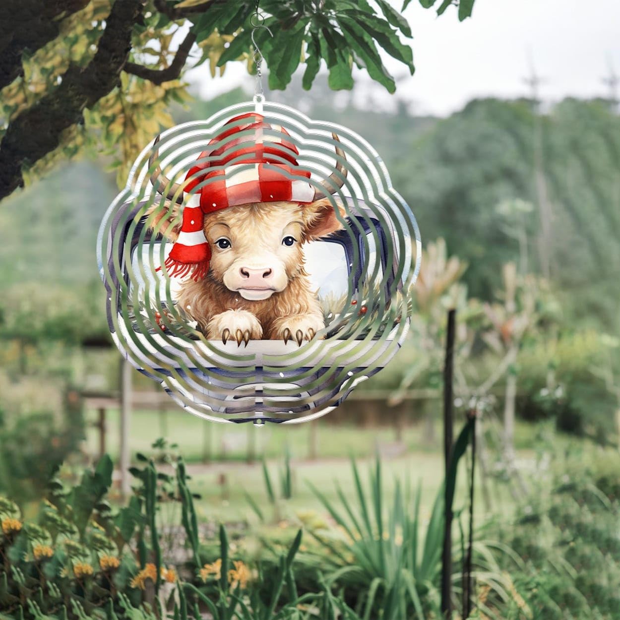 Highland Cow with Truck Christmas Wind Spinners 3D Stainless Steel Laser Cut Metal Double Sided Printing-Hanging Indoor/Outdoor Decorations Yard Gardening Decor,Metal Kinetic Art 14x14 inches