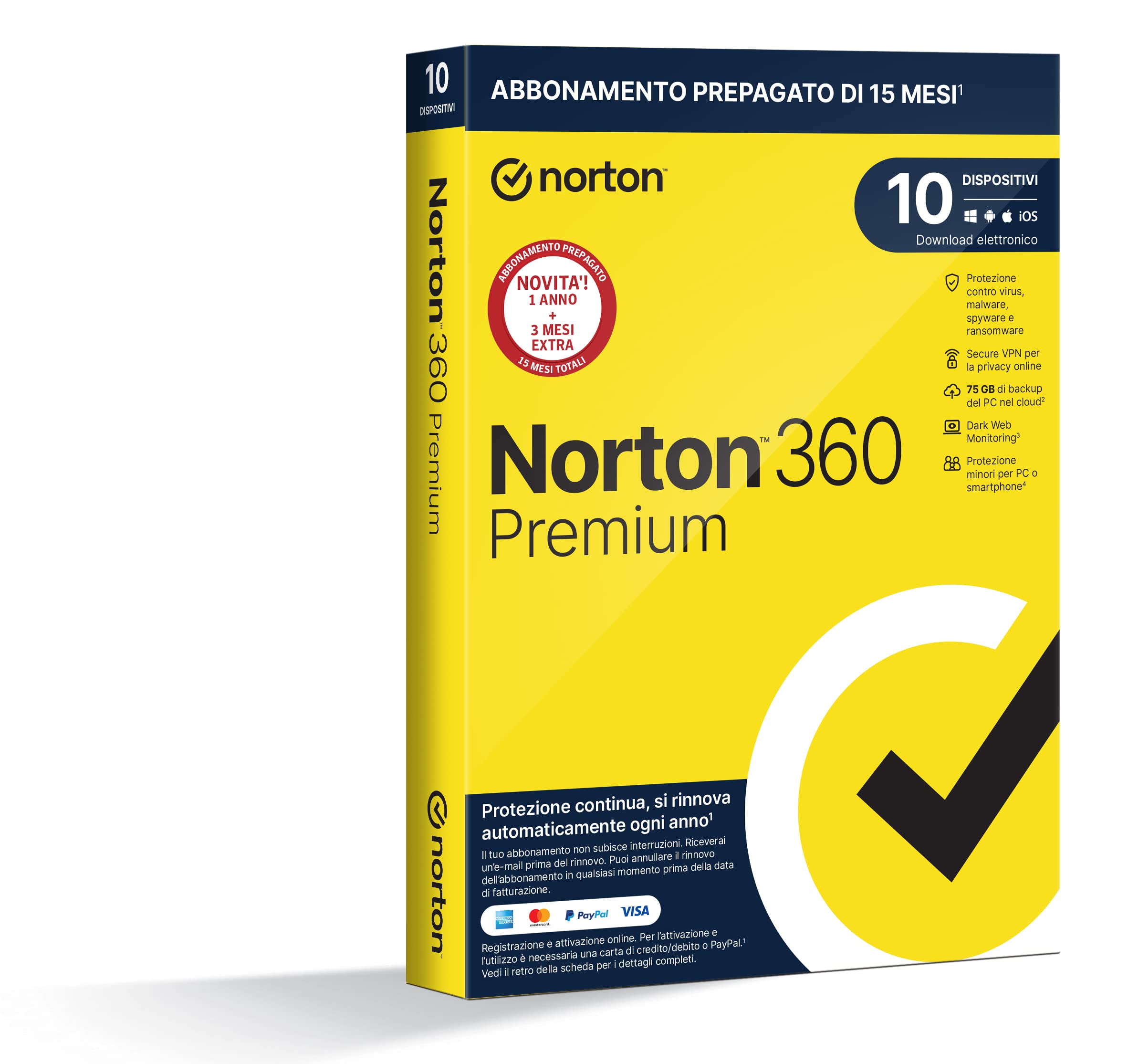 Norton 360 Premium 2023, Antivirus per 10 Dispositivi, Licenza di 15 Mesi con Rinnovo Automatico, PC, Mac, Tablet e Smartphone Corriere: Ricevi prodotto fisico 10 Dispositivi 1 Anno Autorinnovo (+3 mesi extra)