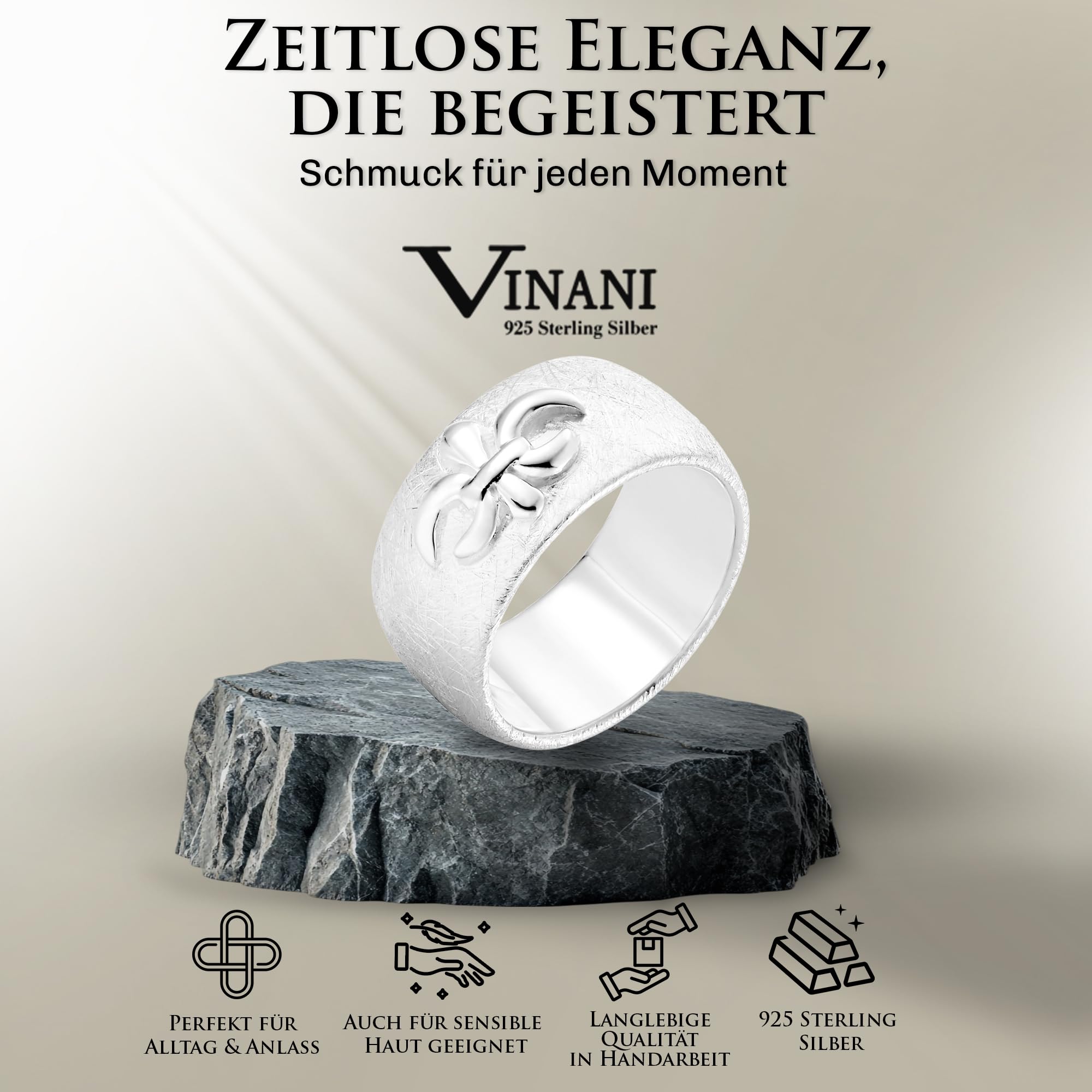 Vinani Damenring aus 925 Sterling Silber – Massiver, gebürsteter Ring mit Fleur de Lis Lilie & Ritter-Symbol, nickelfrei & antiallergisch, handgefertigter eleganter Silberschmuck
