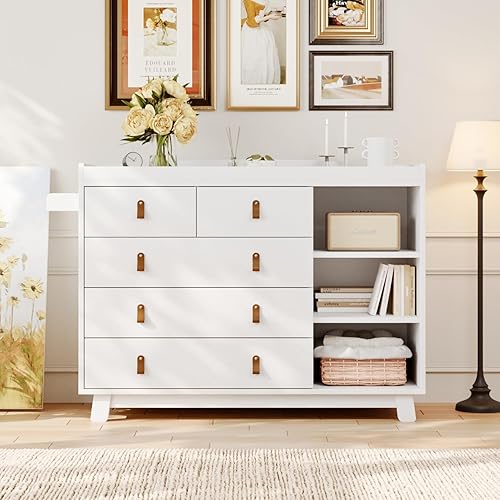 Miniatura 7 de Cómoda para bebé con cambiador, cambiador de bebé con 5 cajones y estantes ajustables, estación multifuncional para cambiar pañales, organizador de