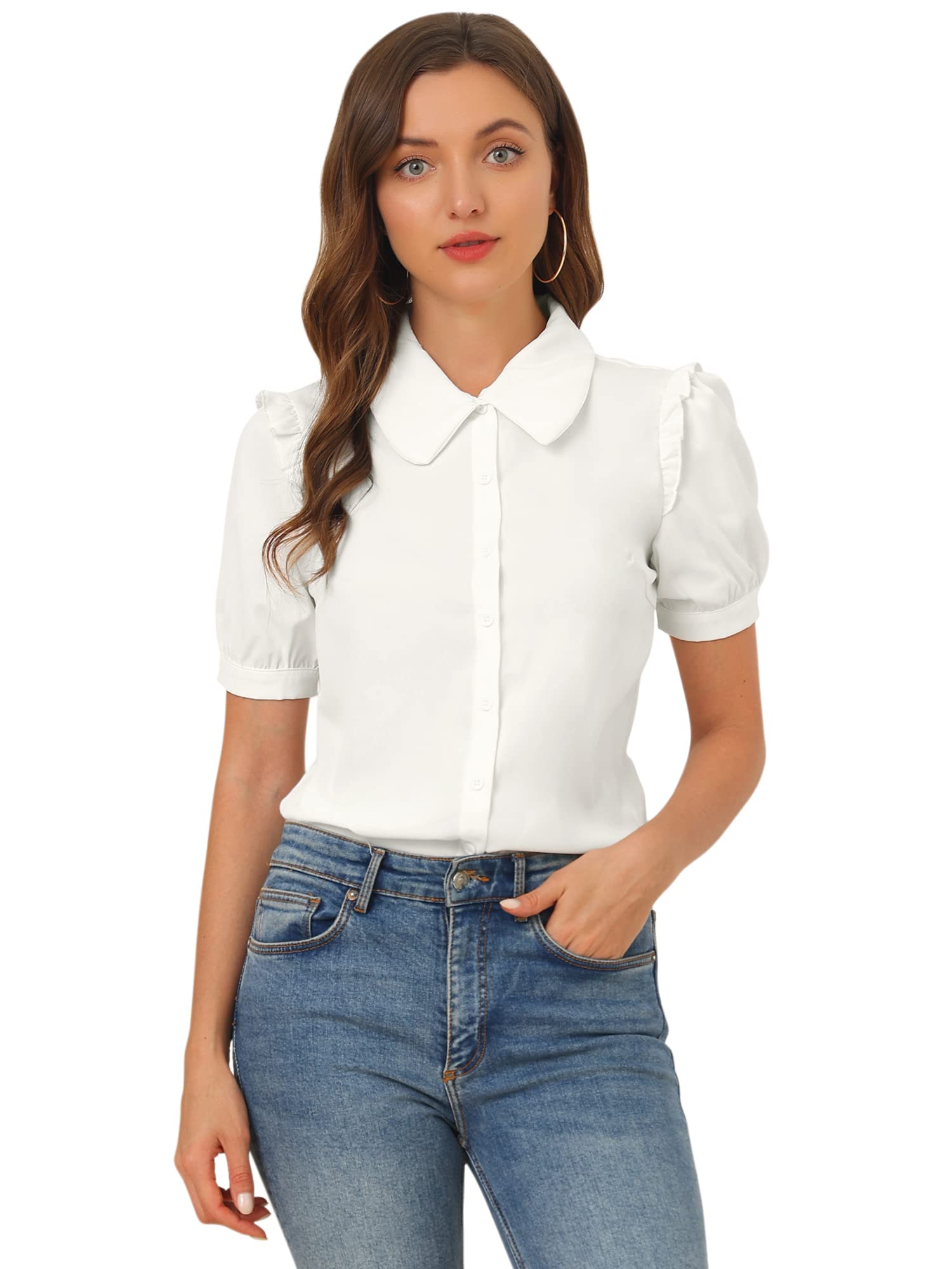 Allegra K Haut à col claudine à manches courtes et boutons sur le devant pour femme, blanc, Taille XS