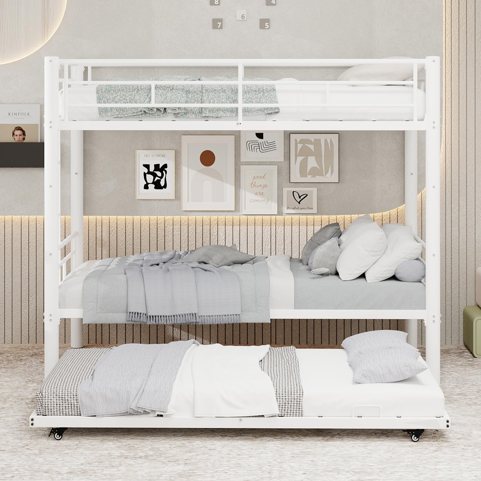Litera de 90 x 190 cm triple de metal blanco con escalera para tres niños