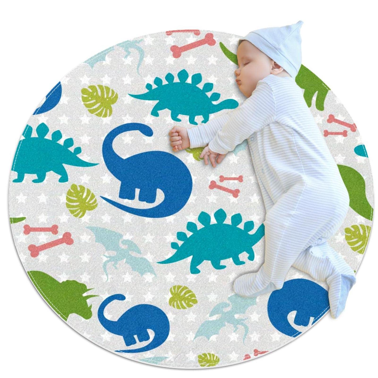 Tapis rond dinosaure imprimé feuilles JDEZ 100cm antidérapant et doux au toucher