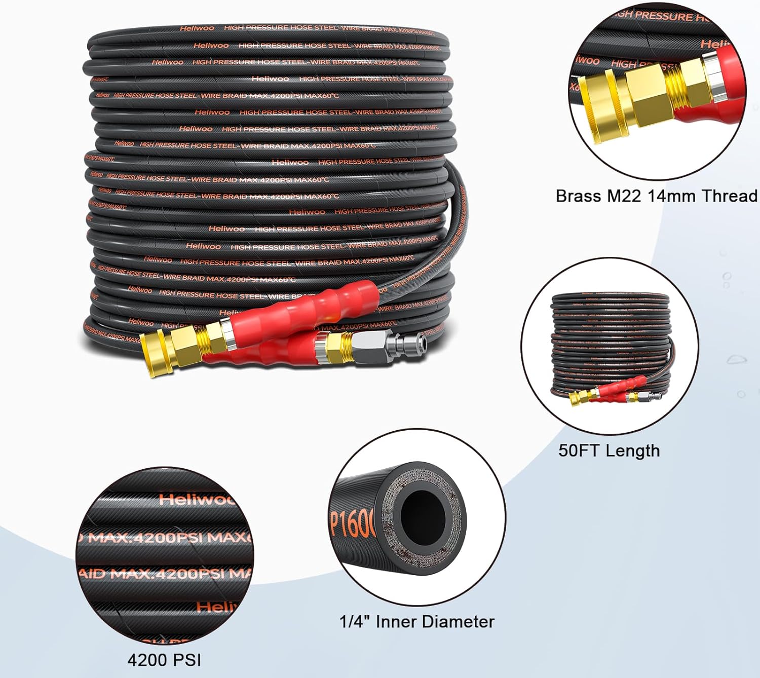 Pressure Washer Hose 50FT, 4200PSI Wire Braid Power Washer Extension Hose 1/4 Inch High Tensile, Flexible Kink Resistant Heavy Duty Replacement Hose with 3/8 Quick Connect