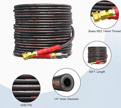 50FT Pressure Washer Hose 1/4 4200PSI Kink Resistant | Steel wire braided construction; Kink resistant design; Industrial grade; Quick connect fittings