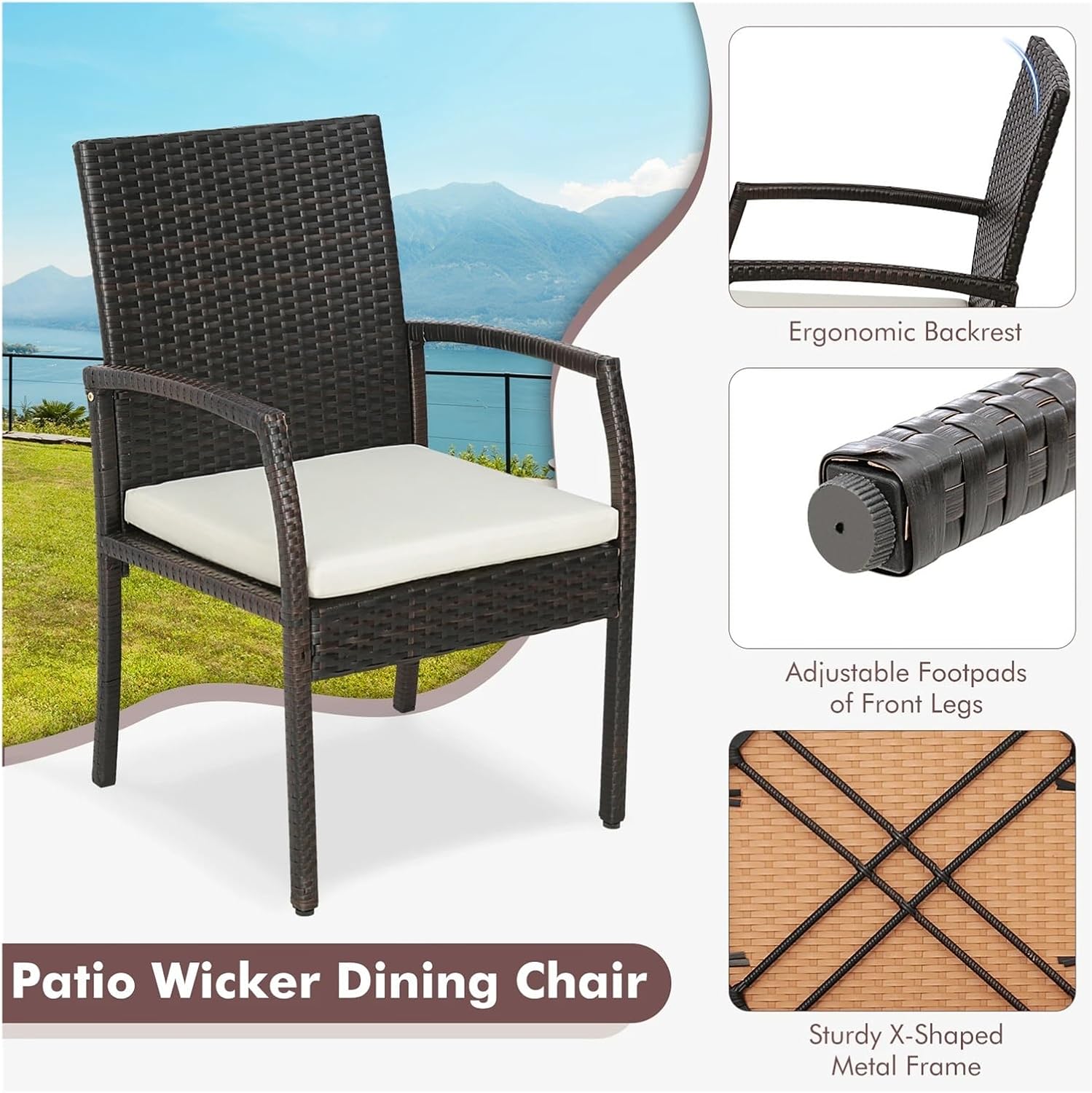 Dining Chairs Outdoor 1pcs Patio Rattan Wicker Dining Chairs with Armrest Metal Frame and Soft Cushions