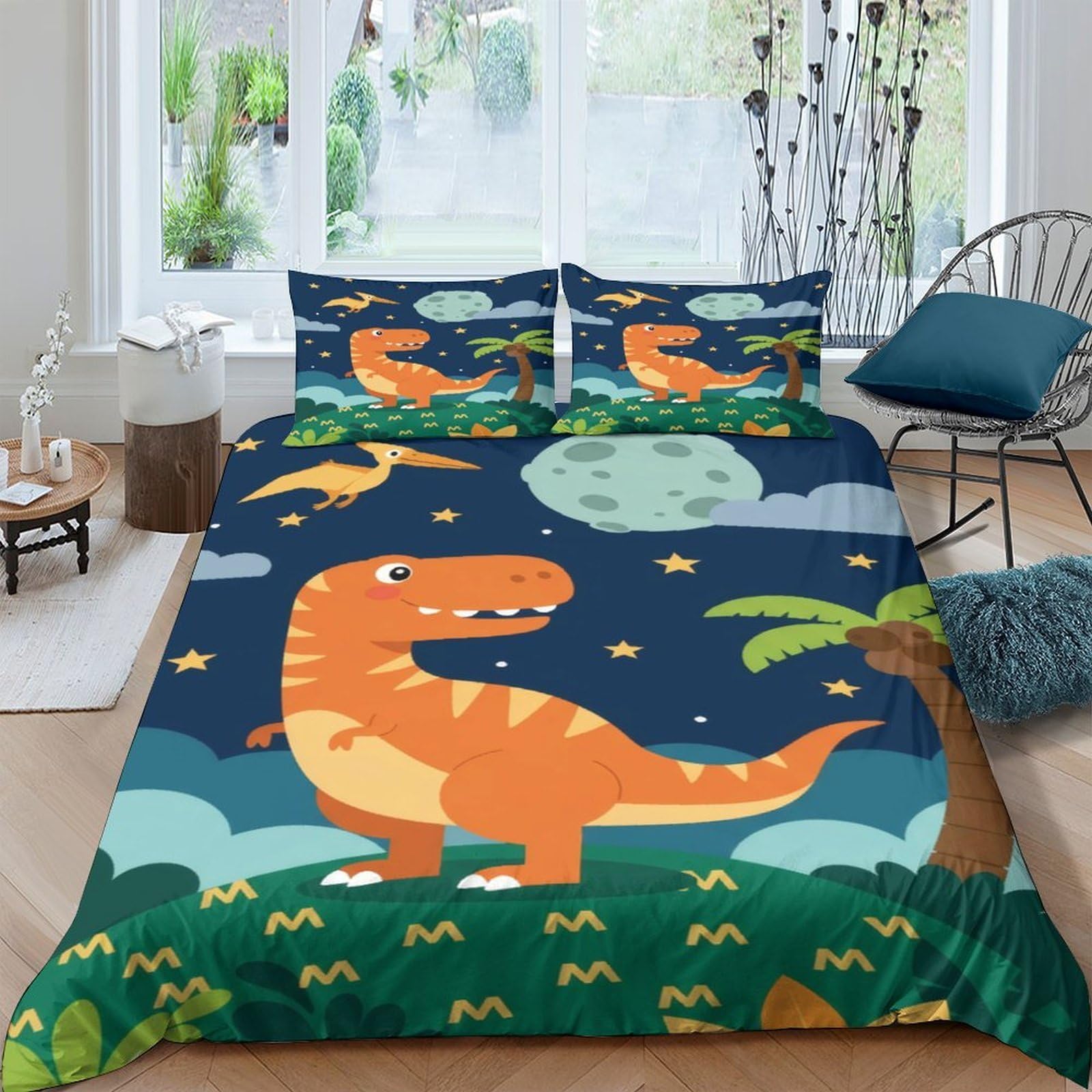 Ctjqhvkz Style-2 3D Printed Cartoon Dinosaur Fitted Sheet Microfiber Orange Blue Bed Cover For Bedroom Guest Room Dorm Mattress Protection Decor Single（135X200cm）