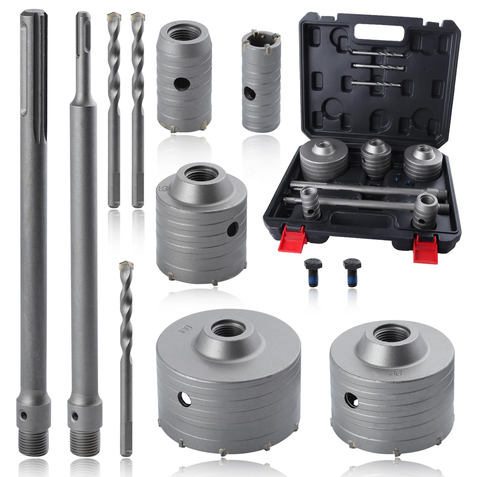 SPEEDWOX 9Pcs SDS Plus Kits de sierra de agujero de hormigón conjuntos de sierra de agujero de mampostería SDS Bits sierra de agujero de carburo 30 40 65 80 100 mm con 2 brocas y varilla SDS Plus &