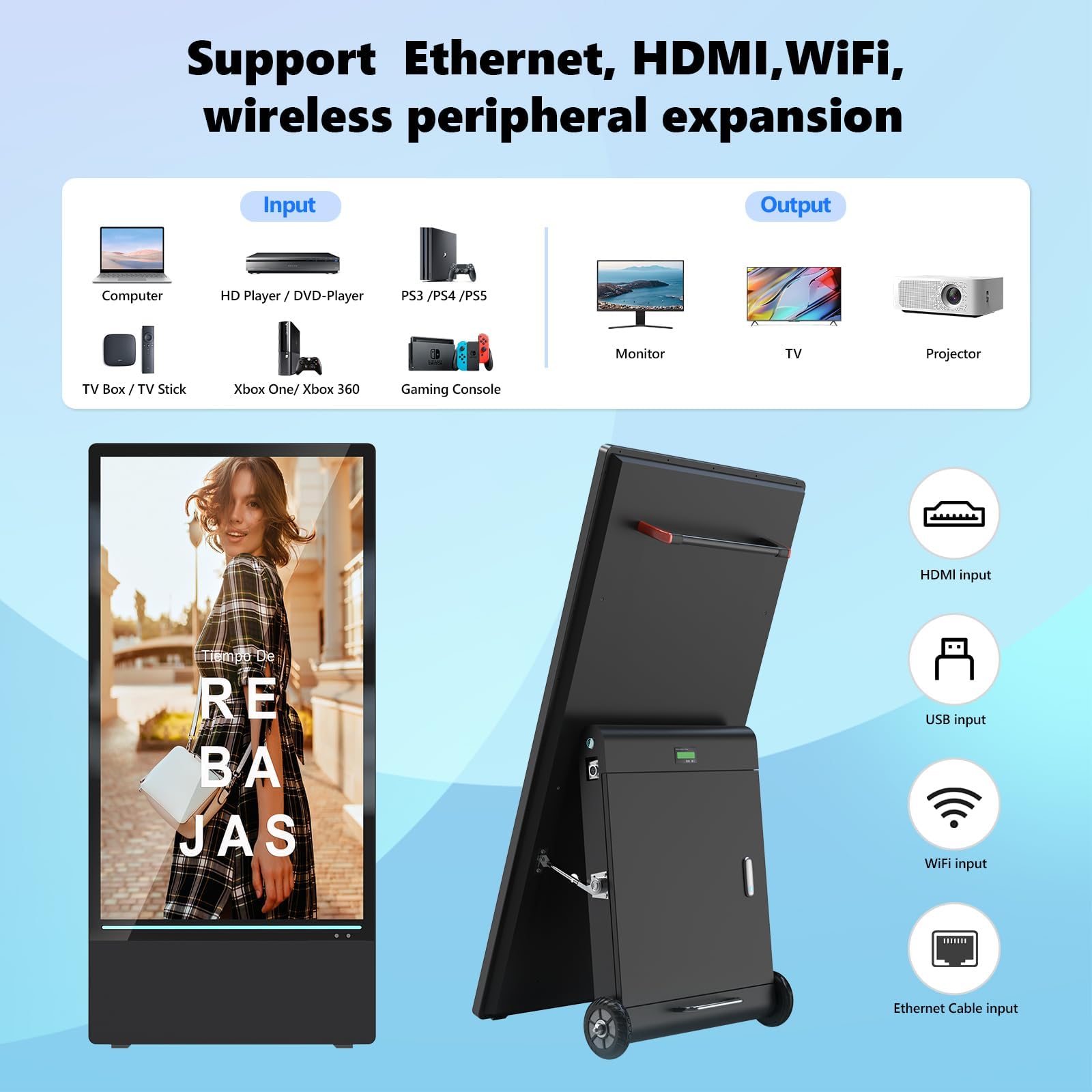 43 Zoll Digitales Werbedisplay im Freien Kundenstopper Digital Signage Player Android OS Gehwegaufsteller Werbetafel IPS HD Plakataufsteller LCD Plakatständer in schwarz