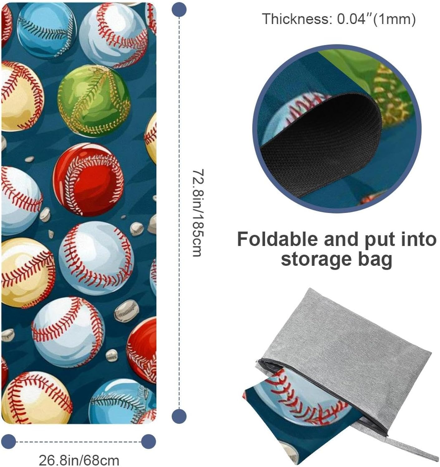 Yoga Towel, Baseball Pattern Non Slip Sweat Absorbent Hot Yoga Mat Towel for Hot Yoga, Pilates and Fitness - 72.8" x 26.8"