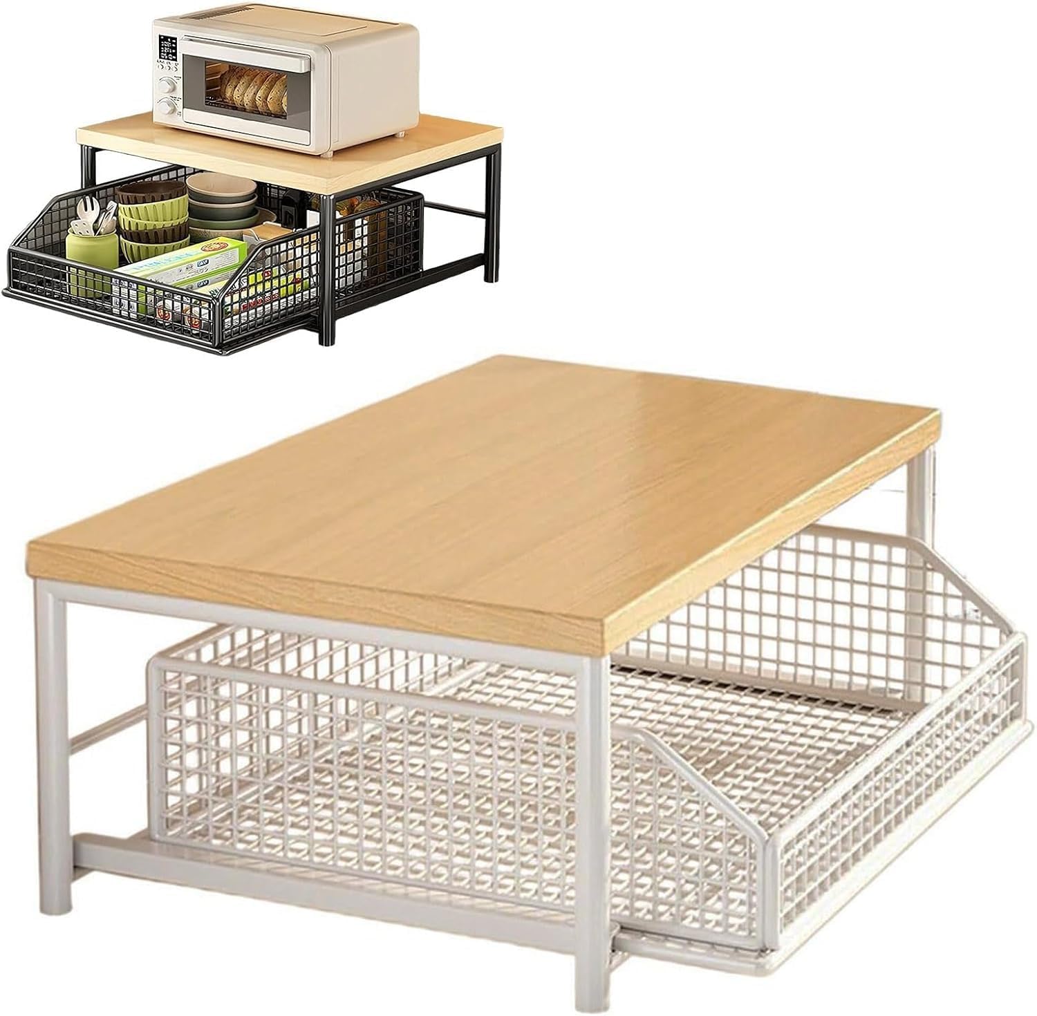 Kitchen Countertop Organizer with Drawer & Wire Basket - Sturdy Hardwood Shelf Storage, 2-Tier Shelf, Space-Saving Storagfor Coffee Maker, Microwave, Toaster & Spices (White)