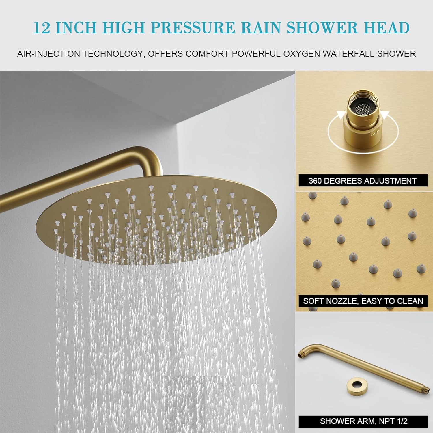 Brushed Gold Shower System 12 Inch Shower Faucet Set for Bathroom, High Pressure Gold Rain Shower Head with Handheld Spray, Rainfall Brushed Gold Shower Fixtures